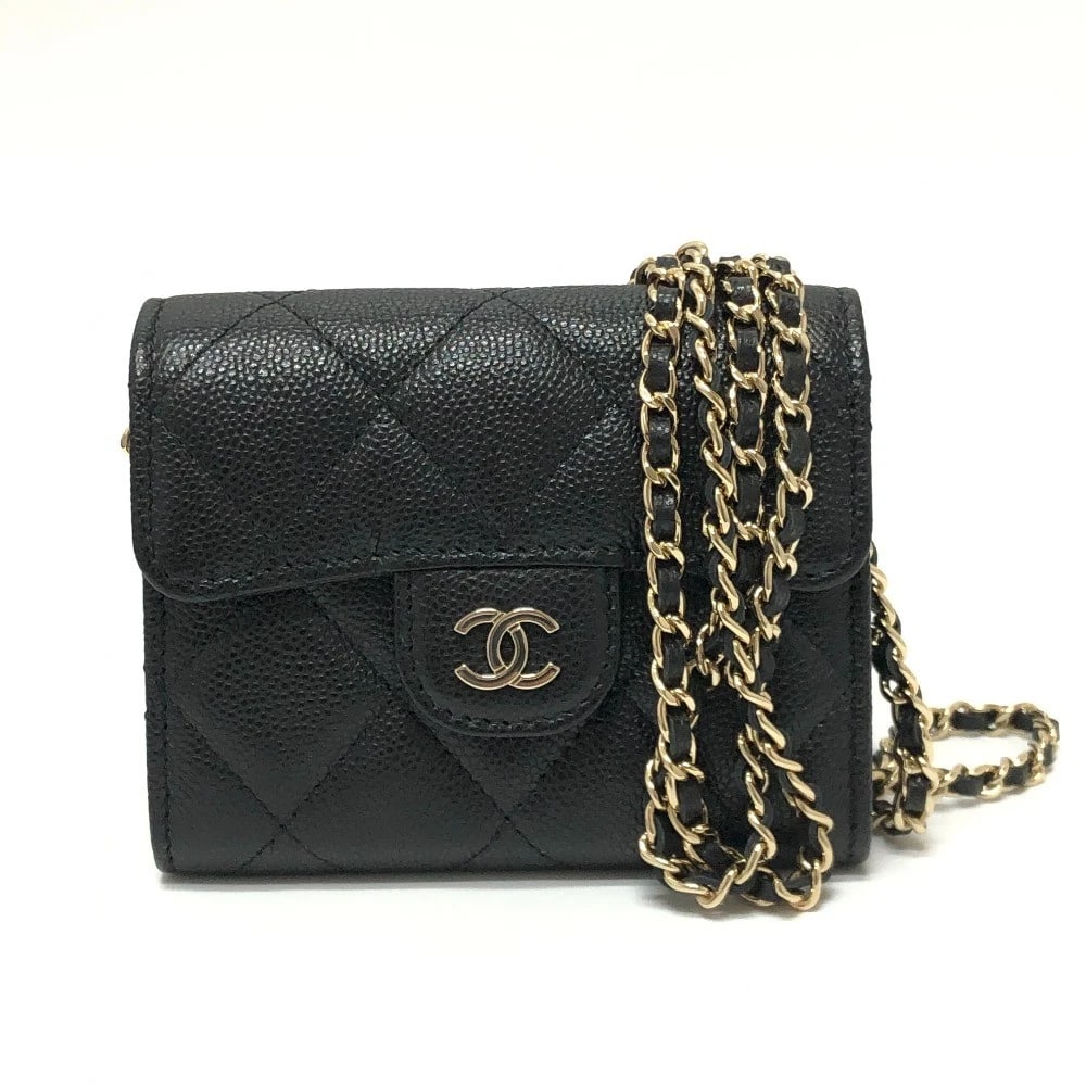 CHANEL CC MARK MATELASSE CHAIN WALLET POCHETTE SHOULDER BAG: CHANEL CC Mark Matelasse Chain Wallet Pochette Shoulder Bag Brand: CHANEL Type/Style: Shoulder Bag Material: Caviar Leather Color: BlackxGold Hardware Size: W4.3xH3.9xD0.6inch / W11cmxH10cmxD1.5cm