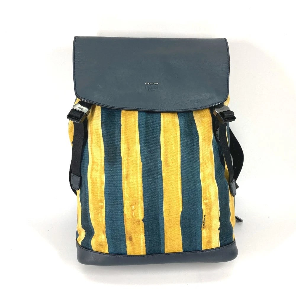 FENDI OPTICAL STRIPE BACKPACK BAG: FENDI optical stripe backpack bag Brand: FENDI Type/Style: Backpack Material: Canvas / Leather Color: yellow x Navy Size: W10.4xH14.6xD4.5inch / W26.5cmxH37cmxD11.5cm Accessories: None Accessories