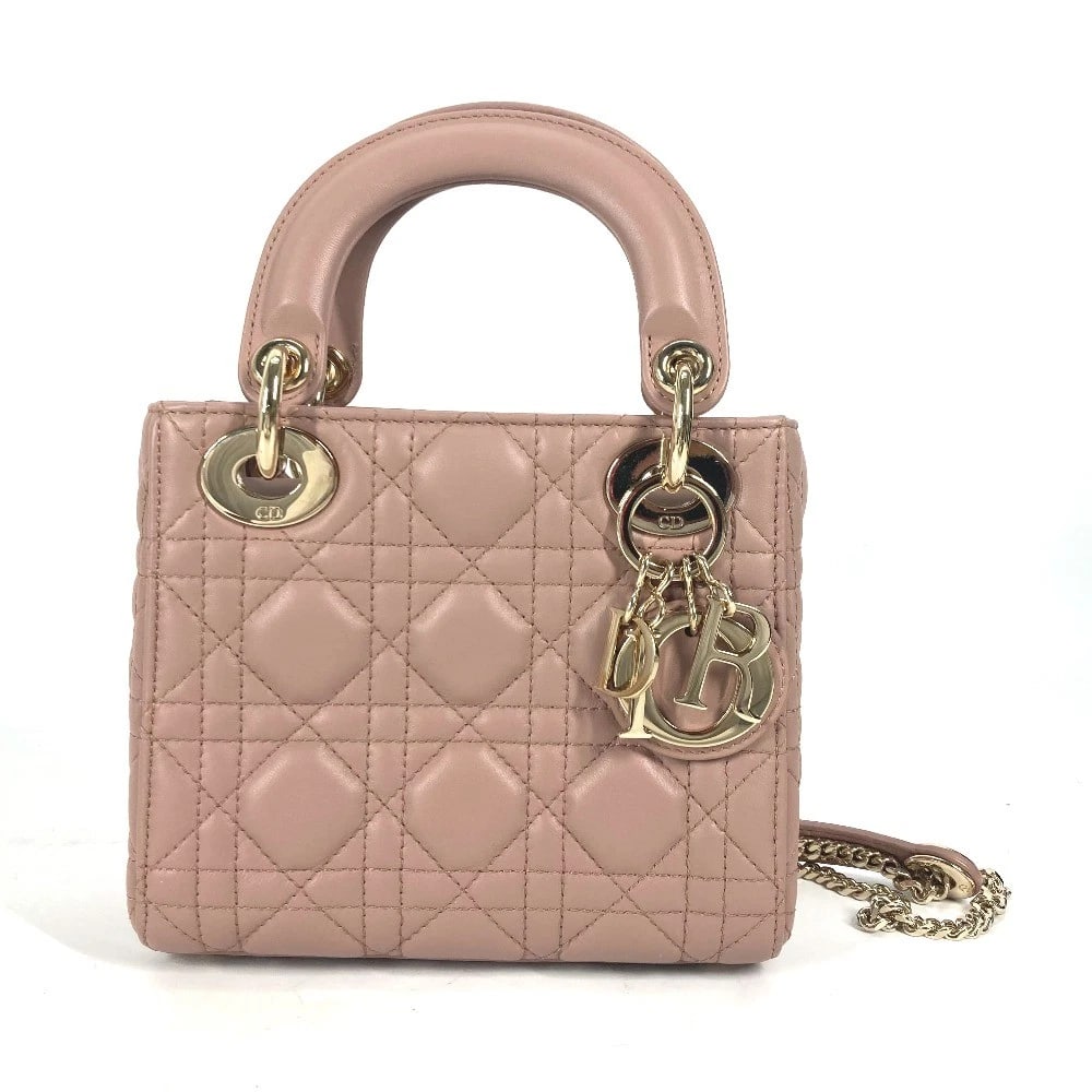 CHRISTIAN DIOR MINI BAG CANNAGE SHOULDER BAG: CHRISTIAN DIOR Mini Bag Cannage Shoulder Bag Brand: Dior Type/Style: Hand Bag Material: lambskin leather Color: Pink beige based Size: W6.7xH5.9xD2.8inch / W17cmxH15cmxD7cm Accessories: None <