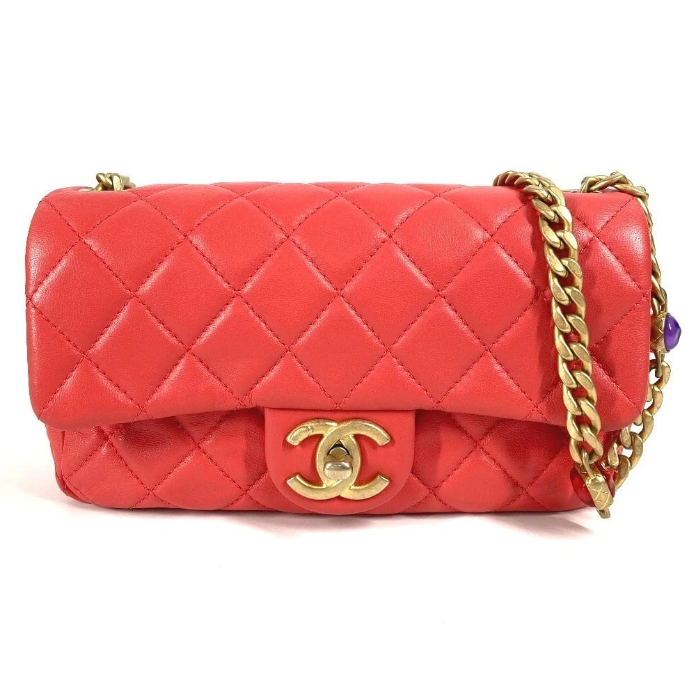 CHANEL CC MATELASSE BIJOUX DOUBLE CHAIN BAG: CHANEL CC Matelasse Bijoux Double Chain Bag Brand: CHANEL Type/Style: Shoulder Bag Material: lambskin leather Color: Redbased / Pinkbased Size: W7.7xH4.3xD2.4inch / W19.5cmxH11cmxD6cm Accessories: