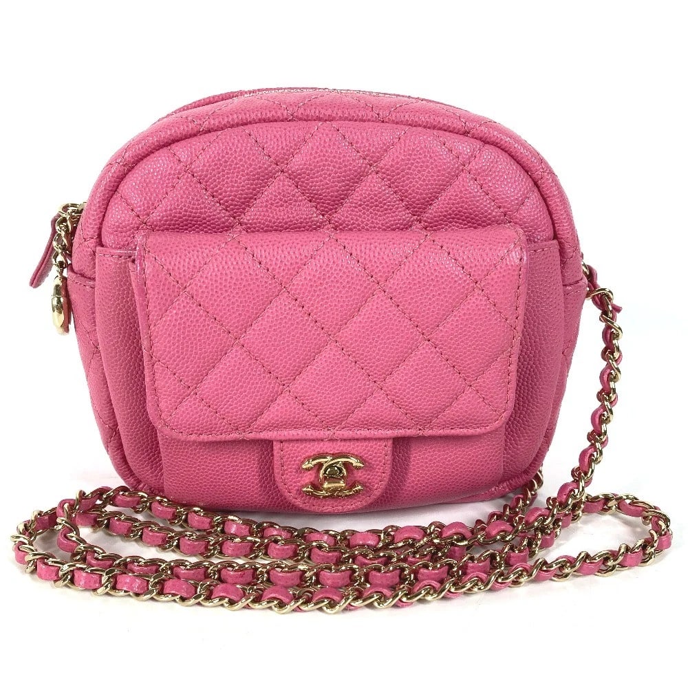 CHANEL MATELASSE QUILTED CHAIN BAG: CHANEL Matelasse Quilted Chain Bag Brand: CHANEL Type/Style: Shoulder Bag Material: Caviar Leather Color: Pink / Gold Size: W5.3xH4.7xD2.0inch / W13.5cmxH12cmxD5cm Accessories: None Access