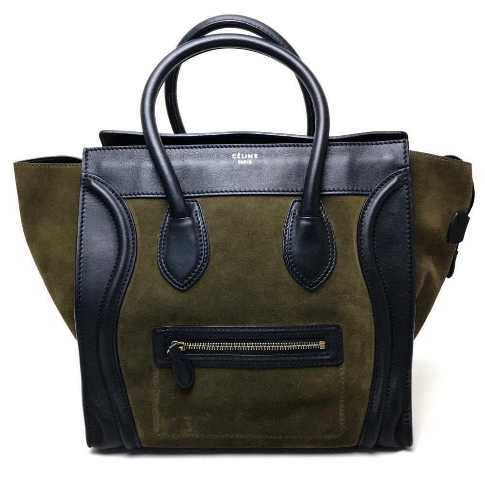 CELINE LUGGAGE MINI SHOPPER SHOULDER BAG TOTE BAG: CELINE Luggage Mini Shopper Shoulder Bag Tote Bag Brand: CELINE Type/Style: Tote Bag Material: Suede / Leather Color: Khaki/Black Size: W12.0xH11.8xD6.9inch / W30.5cmxH30cmxD17.5cm Accessories: No