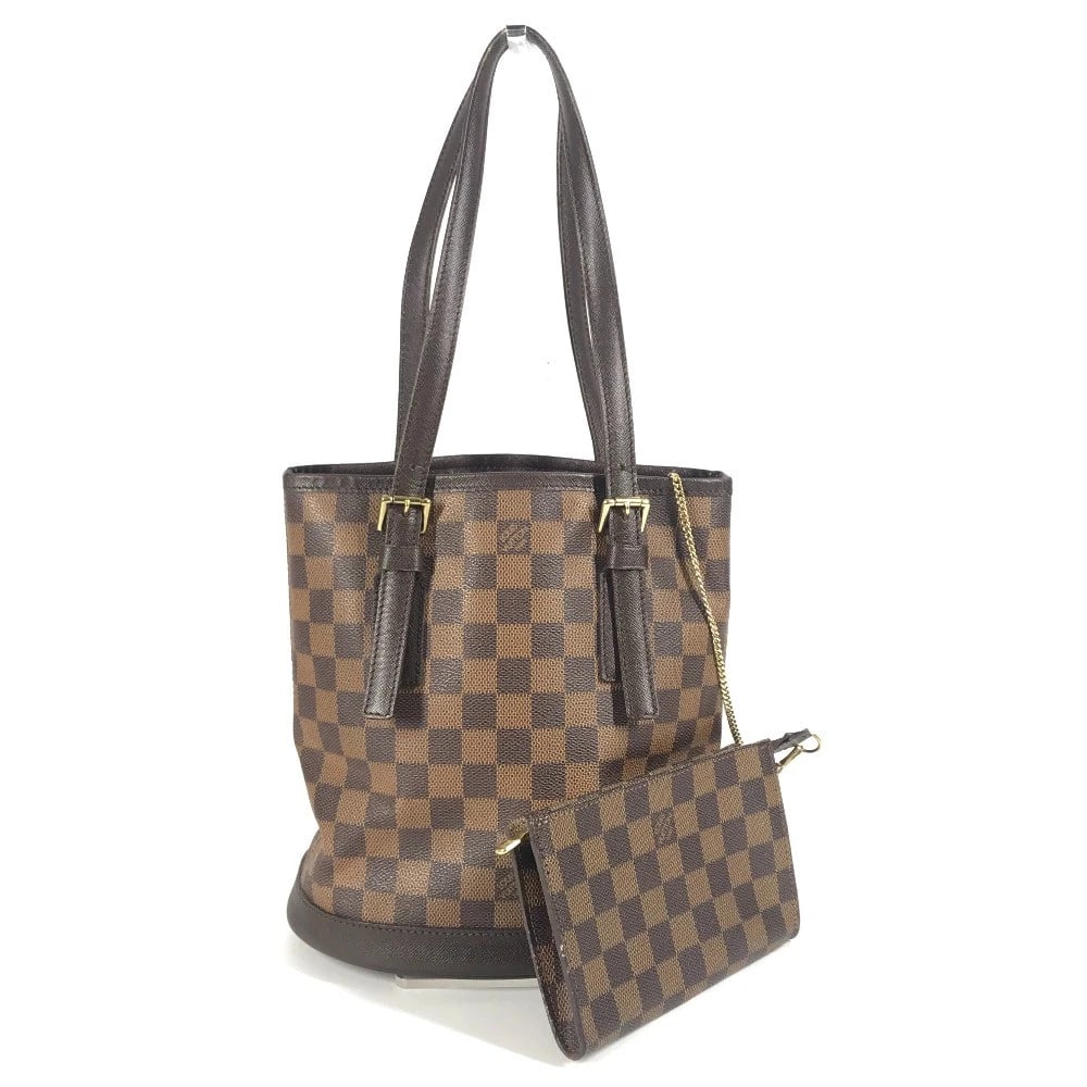 LOUIS VUITTON TOTE BAG WITH POUCH SHOULDER BAG: LOUIS VUITTON Tote Bag with pouch Shoulder Bag Brand: Louis Vuitton Type/Style: Shoulder Bag Material: Damier Canvas Color: Ebene/ Brown Size: W8.9xH9.6xD6.1inch / W22.5cmxH24.5cmxD15.5cm Accessor