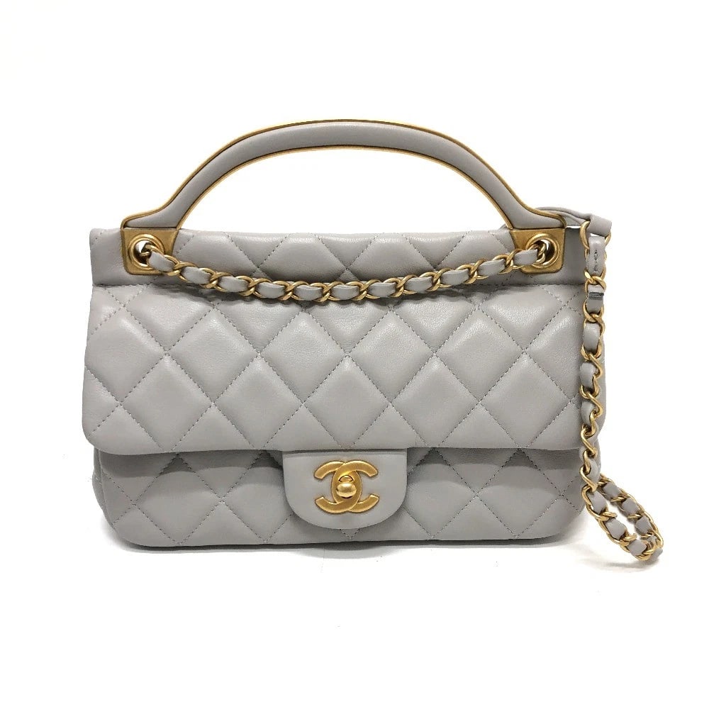 CHANEL MATELASSE 2WAY CROSSBODY SHOULDER BAG: CHANEL Matelasse 2WAY Crossbody Shoulder Bag Brand: CHANEL Type/Style: Shoulder Bag Material: Lambskin Leather Color: grayxGoldHardware Size: W8.7xH5.1xD3.0inch / W22cmxH13cmxD7.5cm Handle: 8.7inch / 