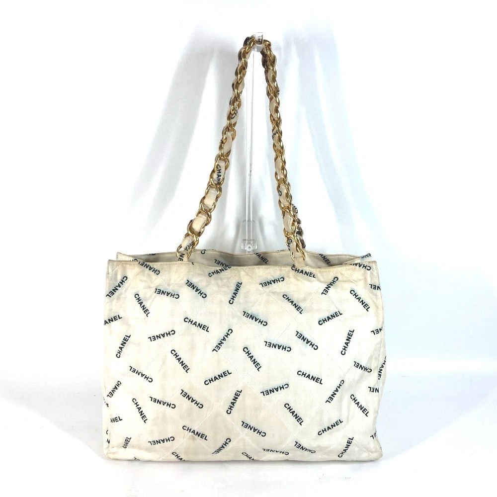 CHANEL TOTE BAG ALL-LOGO DOUBLE CHAIN CHAIN BAG SHOULDER BAG: CHANEL Tote Bag All-logo Double Chain Chain bag shoulder bag Brand: CHANEL Type/Style: Shoulder Bag Material: Canvas Color: White / Black Size: W16.5xH12.2xD4.3inch / W42cmxH31cmxD11cm Accessories