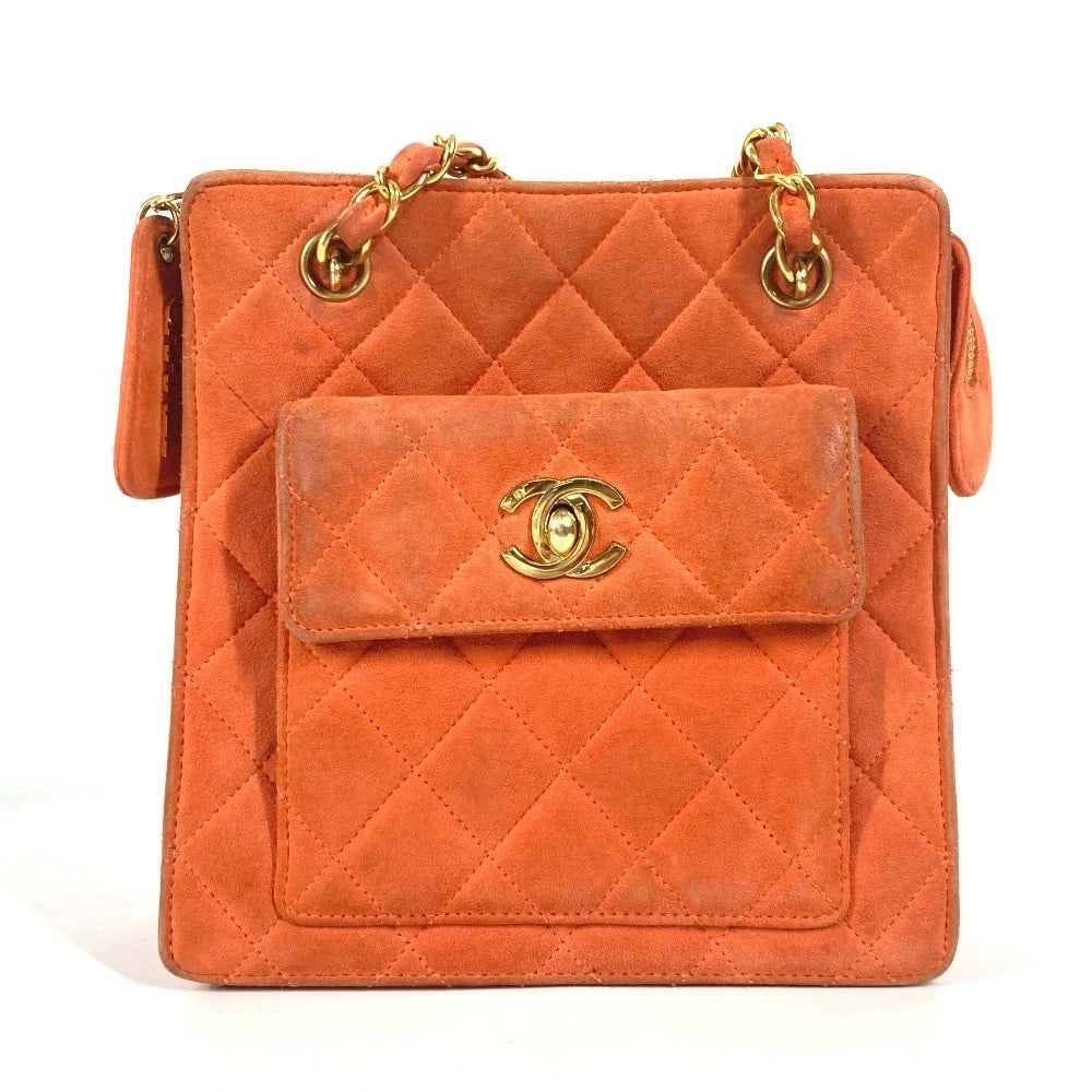 CHANEL CC CC MARK MATELASSE QUILTED DOUBLE CHAIN HAND BAG: CHANEL CC CC Mark Matelasse Quilted Double Chain Hand Bag Brand: CHANEL Type/Style: Shoulder Bag Material: suede Color: Orange Size: W6.5xH6.9xD2.4inch / W16.5cmxH17.5cmxD6cm Accessories: None