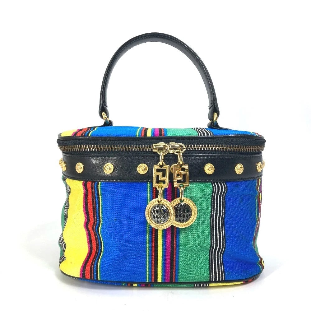 VERSACE STRIPE HAND BAG POUCH WITH MIRROR VANITY BAG: VERSACE stripe Hand Bag pouch with mirror Vanity bag Brand: VERSACE Type/Style: Vanity bag Material: Canvas/Leather Color: Multicolore Size: W8.3xH5.1xD5.1inch / W21cmxH13cmxD13cm Accessories: None