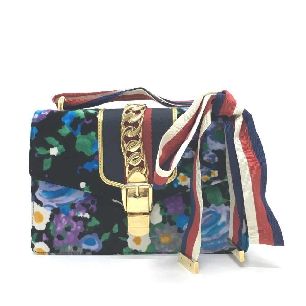 GUCCI FLORAL SILVI SMALL RIBBON SHOULDER BAG: GUCCI Floral Silvi Small ribbon Shoulder Bag Brand: GUCCI Type/Style: Shoulder bag Material: Velor / Leather Color: Multicolor Size: W10.2xH6.7xD3.1inch / W26cmxH17cmxD8cm Accessories: None