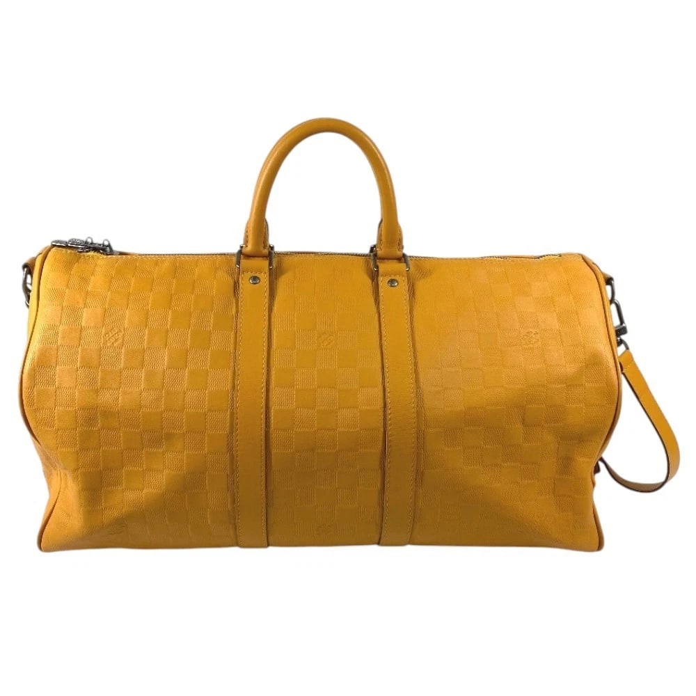 LOUIS VUITTON DAMIER INFINI KEEPALLBANDOULIERE 45 SHOULDER BAG: LOUIS VUITTON Damier Infini KeepallBandouliere 45 Shoulder Bag Brand: Louis Vuitton Type/Style: Duffle Bag Material: Damier InfiniLeather Color: Solar / yellow Size: W18.7xH10.0xD8.1inch / W47.5cmxH25