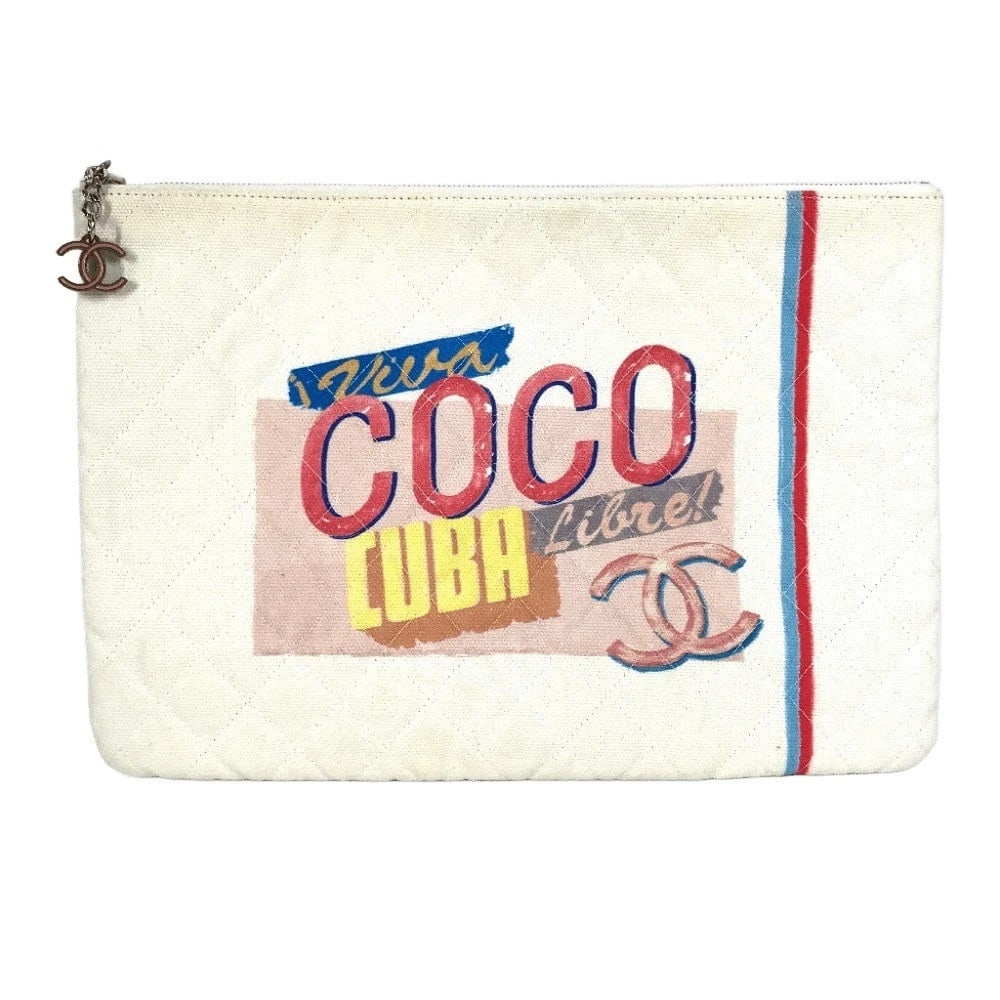 CHANEL COCO COCO LOGO POUCH BAG CLUTCH BAG: CHANEL COCO Coco logo pouch bag Clutch bag Brand: CHANEL Type/Style: Clutch bag Material: Canvas Color: WhitexPink / Blue Size: W13.6xH9.1inch / W34.5cmxH23cm Accessories: None Accessories