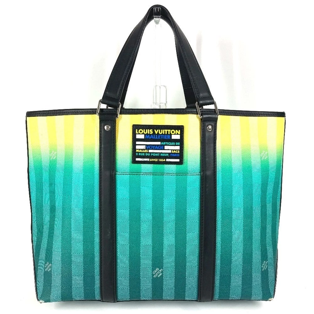 LOUIS VUITTON DAMIER STRIPE WEEKEND TOTE PM HAND BAG: LOUIS VUITTON damier stripe Weekend Tote PM Hand Bag Brand: Louis Vuitton Type/Style: Tote Bag Material: Leather/Canvas Color: Green/Yellow/Black Size: W13.8xH11.0xD5.1inch / W35cmxH28cmxD13cm Acc