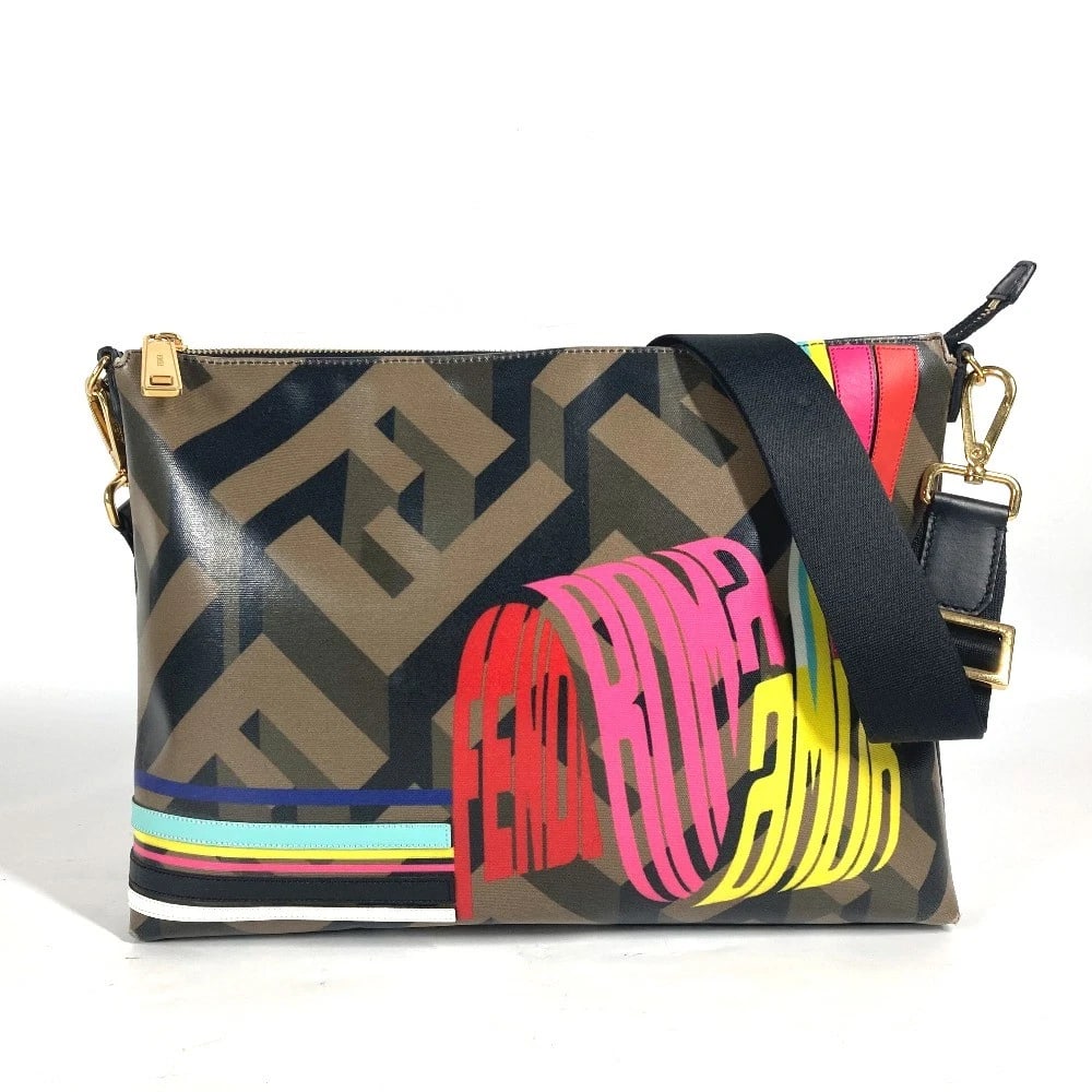 FENDI MULTICOLORE LOGO RAINBOW CROSSBODY BAG: FENDI Multicolore logo Rainbow Crossbody Bag Brand: FENDI Type/Style: Shoulder Bag Material: PVC Color: Brown/Multicolor Size: W13.0xH9.3xD2.0inch / W33cmxH23.5cmxD5cm Accessories: None Ac