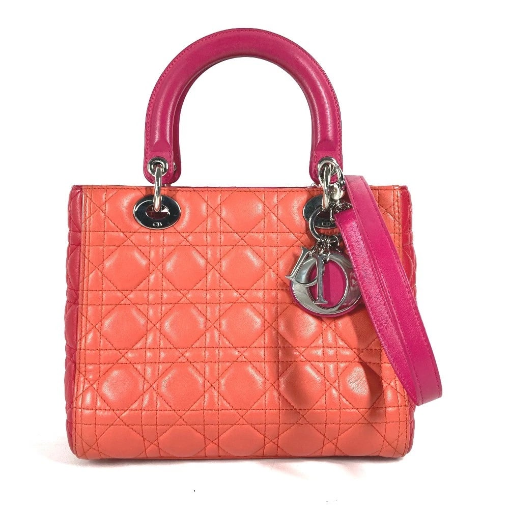 DIOR TRICOLOR COLOR LADYDIOR LEATHER PINK/ORANGE: Dior Tricolor color Ladydior Leather pink/Orange Brand: Dior Type/Style: Hand Bag Material: lambskin Leather Color: pink / orange / red Size: W9.3xH7.9xD4.1inch / W23.5cmxH20cmxD10.5cm Accessories