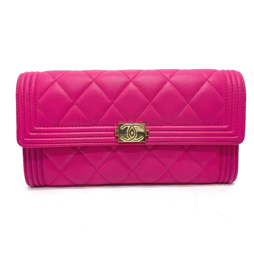 CHANEL MATELASSE BOY CHANEL LONG WALLET: CHANEL Matelasse Boy Chanel Long Wallet Brand: CHANEL Type/Style: Long Wallet Material: Lambskin Leather Color: pinkxGoldHardware Size: W7.5xH3.9xD1.2inch / W19cmxH9.8cmxD3cm Accessories: None