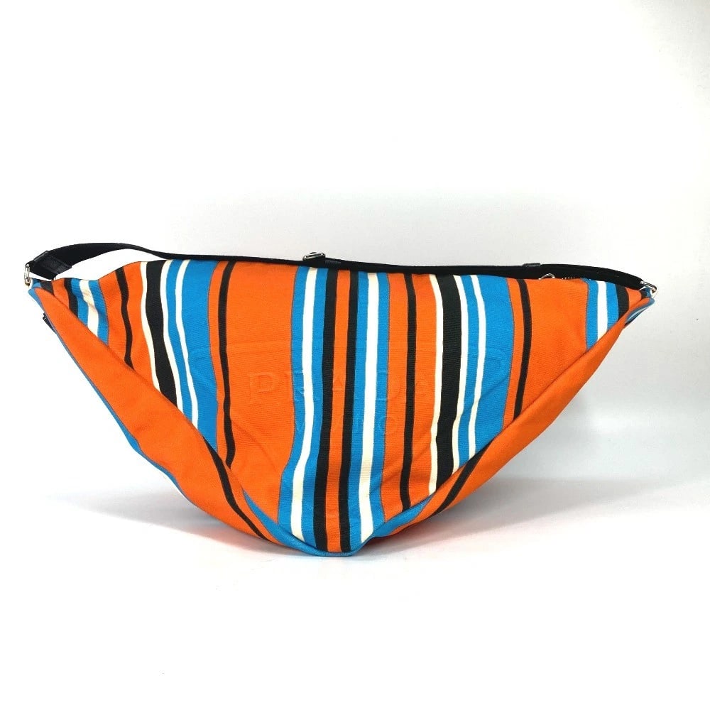 PRADA STRIPE TRIANGLE BAYADERE BAG CROSSBODY: PRADA stripe Triangle Bayadere bag crossbody Brand: PRADA Type/Style: Shoulder Bag Material: Canvas Color: OrangexBlue x Black Size: W22.8xH11.8xD10.6inch / W58cmxH30cmxD27cm Accessories: None