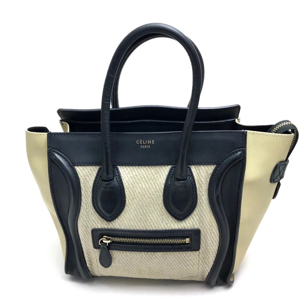 CELINE MICRO SHOPPER LUGGAGE TOTE BAG BEIGE: CELINE Micro Shopper Luggage Tote Bag Beige Brand: CELINE Type/Style: Tote Bag Material: Leather / hemp Color: Beige x Black Size: W10.2xH10.2xD5.1inch / W26cmxH26cmxD13cm Handle: 18.1inch / 46cm