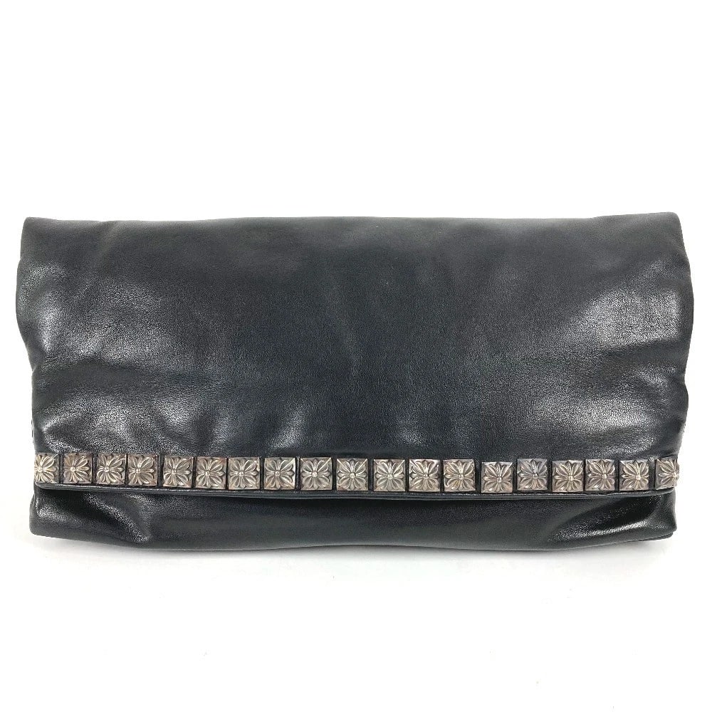 CHROME HEARTS TWO FOLD PYRAMID STUDS ZIP BAG POUCH CLUTCH BAG: CHROME HEARTS Two fold Pyramid Studs Zip Bag Pouch Clutch bag Brand: CHROME HEARTS Type/Style: Clutch bag Material: Leather Color: Black Size: W11.0xH11.4xD1.6inch / W28cmxH29cmxD4cm Accessories: