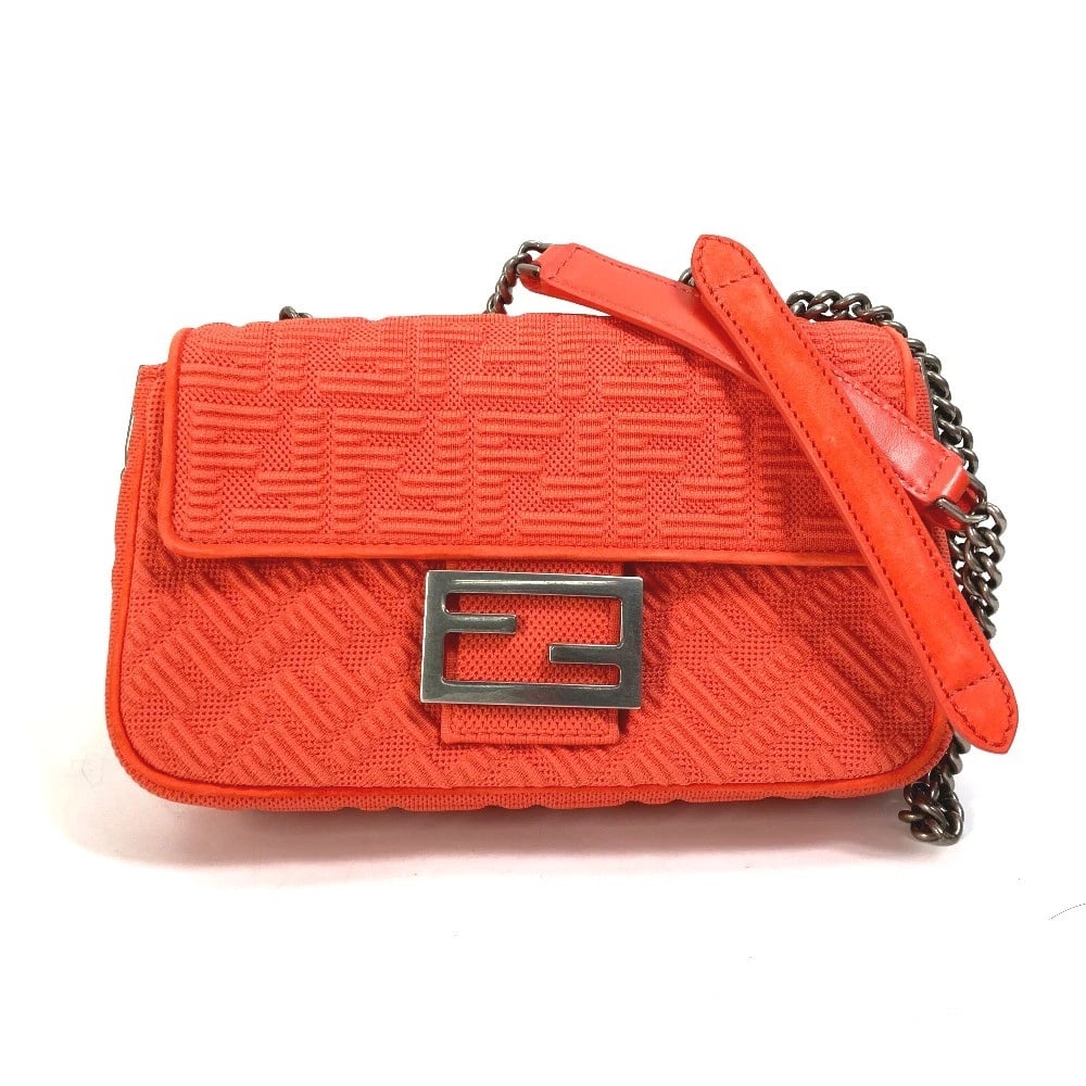 FENDI BAGUETTE CHAIN MIDI DOUBLE CHAIN BAG: FENDI Baguette Chain Midi Double Chain bag Brand: FENDI Type/Style: Shoulder Bag Material: Canvas/Leather Color: Red Size: W8.5xH5.3xD2.2inch / W21.5cmxH13.5cmxD5.5cm Accessories: None Acc
