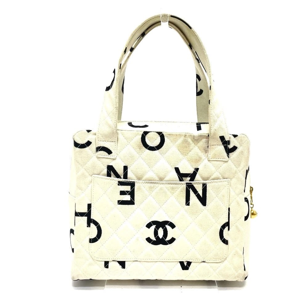 CHANEL MATELASSE LOGO TOTE BAG HAND BAG: CHANEL Matelasse logo Tote Bag Hand Bag Brand: CHANEL Type/Style: Hand Bag Material: Cotton Canvas Color: IvoryBased x Black Size: W8.9xH7.9xD3.2inch / W22.7cmxH20cmxD8.2cm Accessories: None <