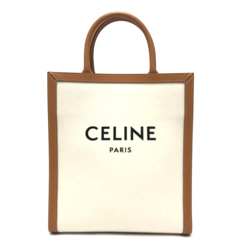 CELINE SMALL VERTICAL CABAS 2WAY HAND BAG: CELINE Small Vertical Cabas 2WAY Hand Bag Brand: CELINE Type/Style: Tote Bag Material: Leather/Canvas Color: Beige x Brown Size: W11.0xH12.6xD3.1inch / W28cmxH32cmxD8cm Handle: 12.6inch / 32cm Acc