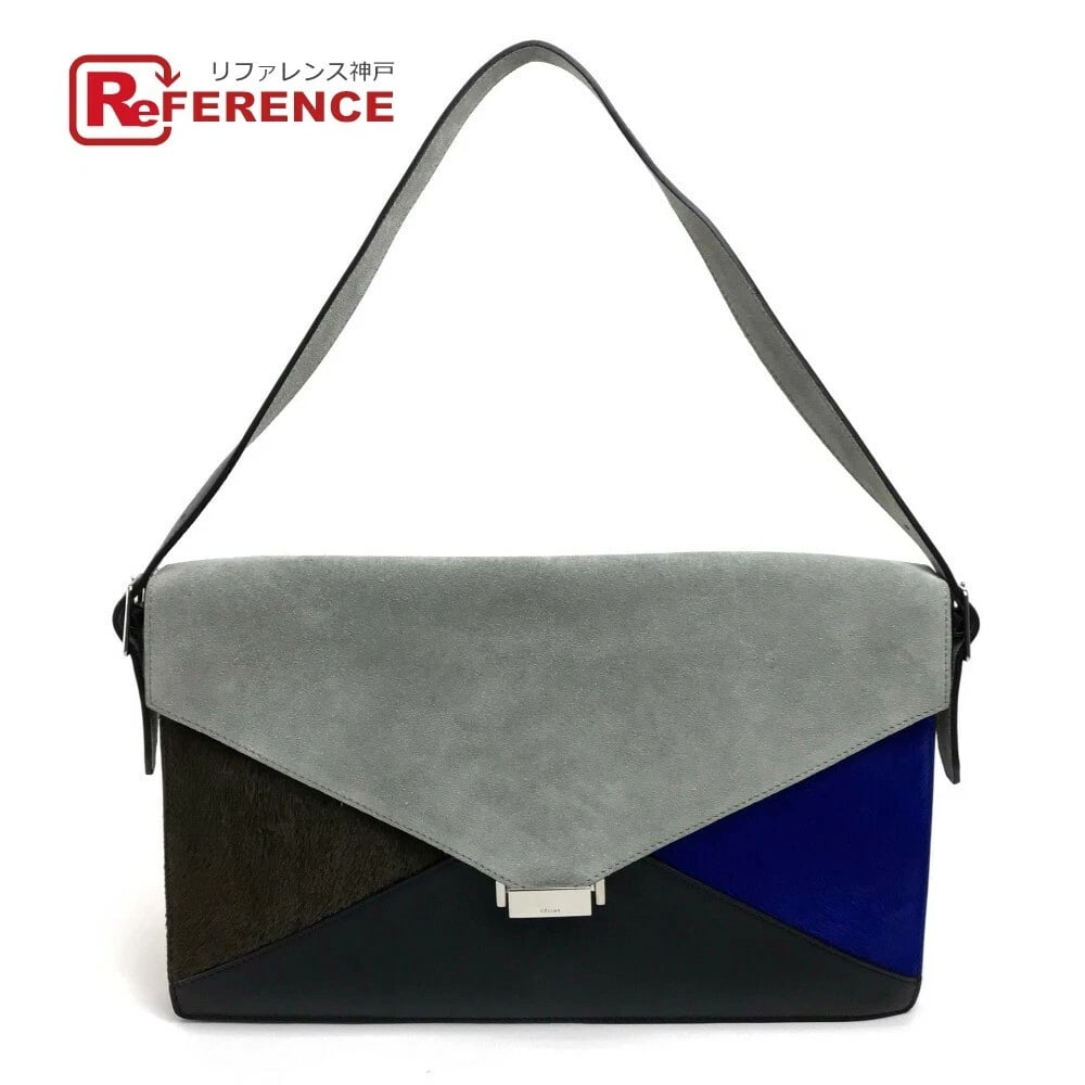 CELINE DIAMOND MONDE CLUTCH SHOULDER BAG: CELINE Diamond Monde Clutch Shoulder Bag Brand: CELINE Type/Style: Clutch Shoulder Bag Clutch 2 way bag Material: Suede x Leather / Pony-Hair Color: Gray / black / Brown / blue Size: W12.6 x H7.9inch 