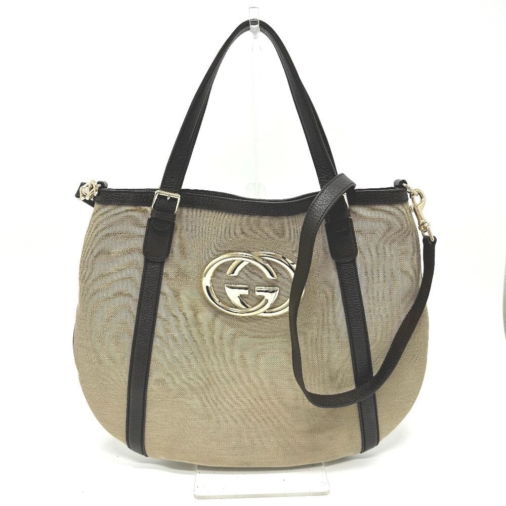 GUCCI GG LOGO 2WAY TOTE BAG: GUCCI GG logo 2WAY Tote Bag Brand: GUCCI Type/Style: Tote Bag Material: Canvas Leather Color: Beige Size: W15.7xH13.2xD1.0inch / W40cmxH33.5cmxD2.5cm Handle: 16.9inch / 43cm Accessories: None