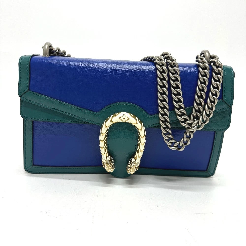 GUCCI BICOLOR DUONISOS CHAIN SHOULDER SHOULDER BAG: GUCCI Bicolor Duonisos Chain shoulder Shoulder Bag Brand: GUCCI Type/Style: Shoulder Bag Material: Leather Color: blue x Green Size: W11.0xH6.5xD3.1inch / W28cmxH16.5cmxD8cm Accessories: None