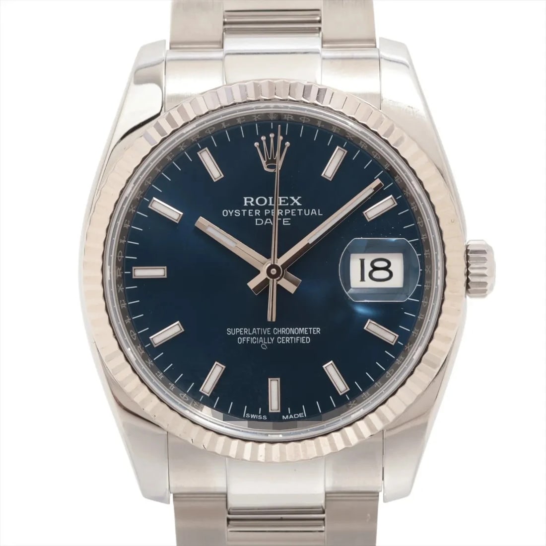 ROLEX OYSTER PERPETUAL DATE AT BLUE DIAL WATCH: Rolex Oyster Perpetual Date At Blue Dial Watch Brand: Rolex Type/Style: Wristwatch Material: SS?WG Color: Dial Color Blue Size: Case:W1.2 x H1.2inch / W34 x H34 Circumference of Wrist:7.3inch / 18.5