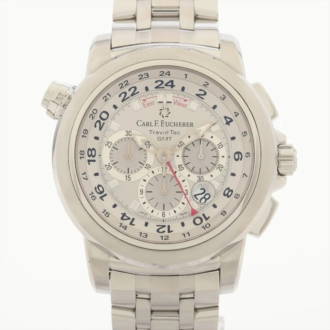 CARL F. BUCHERER PATRAVI TRAVEL TECH GMT SS AT SILVER WATCH: Carl F. Bucherer Patravi Travel Tech Gmt Ss At Silver Watch Brand: Carl F. Bucherer Type/Style: Wristwatch Material: SS Color: Dial Color Silver Size: Case:W1.6 x H1.6inch / W46.6 x H46.6