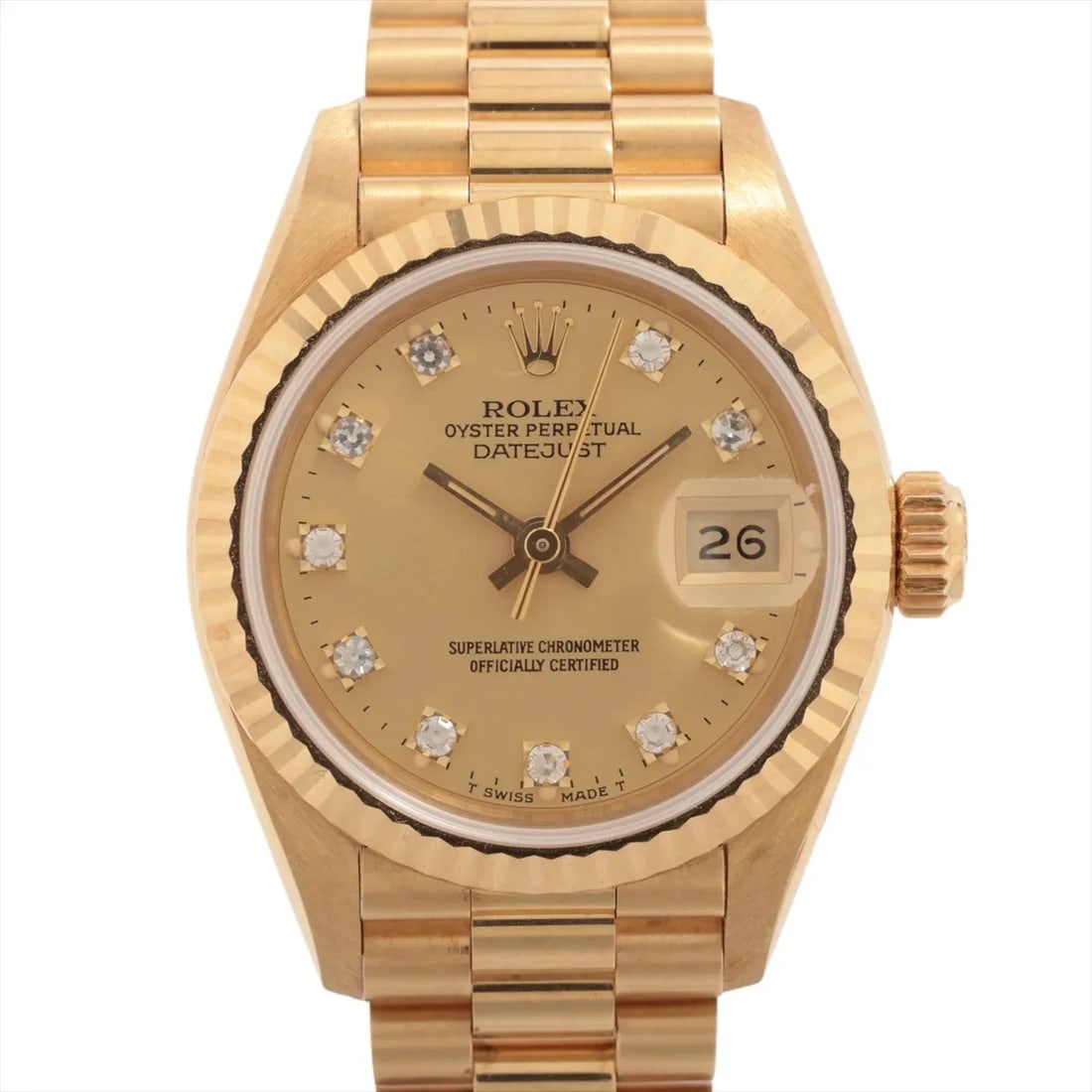 ROLEX LADY DATEJUST YG AT CHAMPAGNE WATCH: Rolex Lady Datejust Yg At Champagne Watch Brand: Rolex Type/Style: Wristwatch Material: YG Color: Dial Color Champagne Size: Case:W0.8 x H0.8inch / W26 x H26 Circumference of Wrist:6.1inch / 15.5