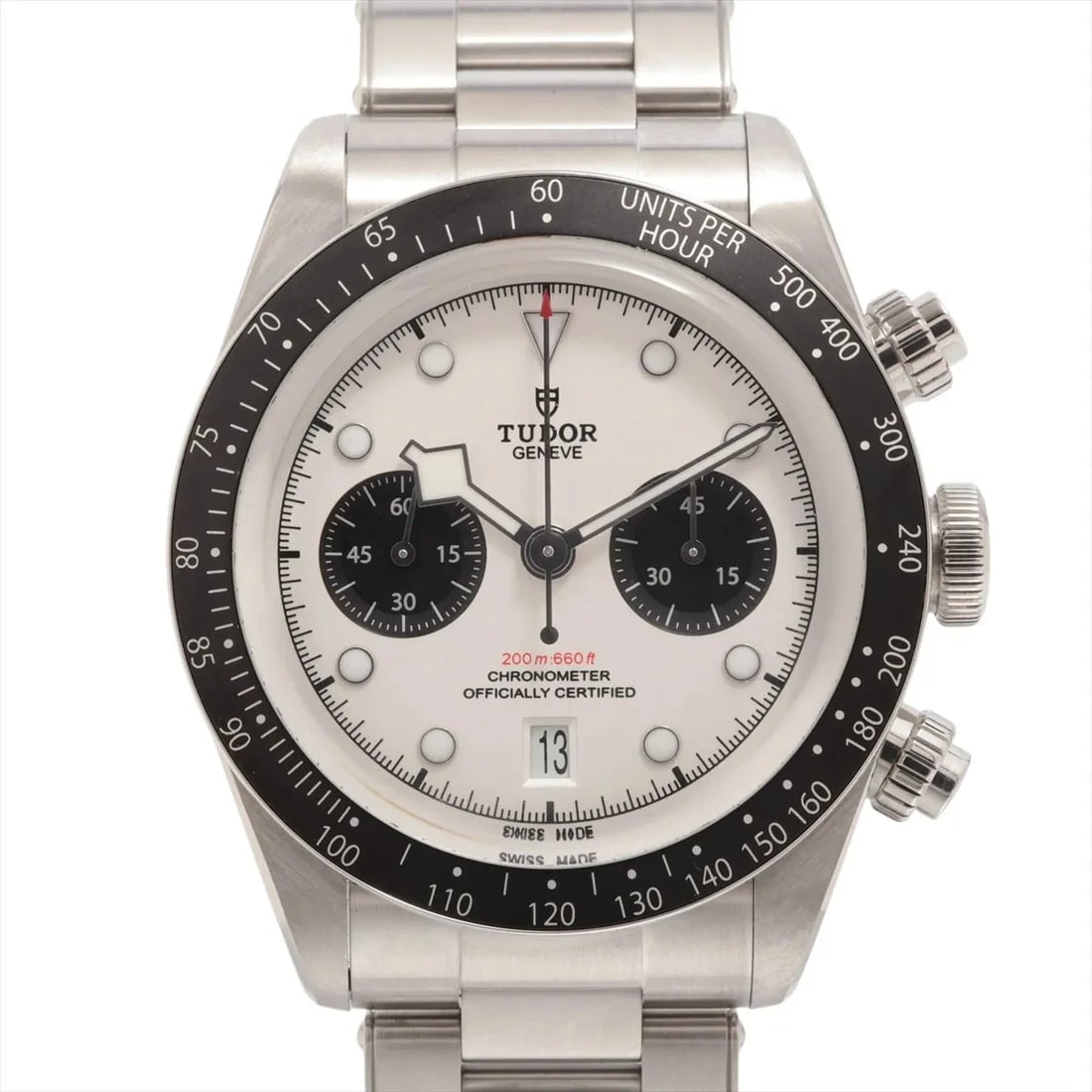 TUDOR BLACK BAY CHRONO SS AT SILVER WATCH: Tudor Black Bay Chrono Ss At Silver Watch Brand: Tudor Type/Style: Wristwatch Material: SS Color: Dial Color Silver Size: Case:W1.6 x H1.6inch / W41 x H41 Circumference of Wrist:7.3inch / 18.5