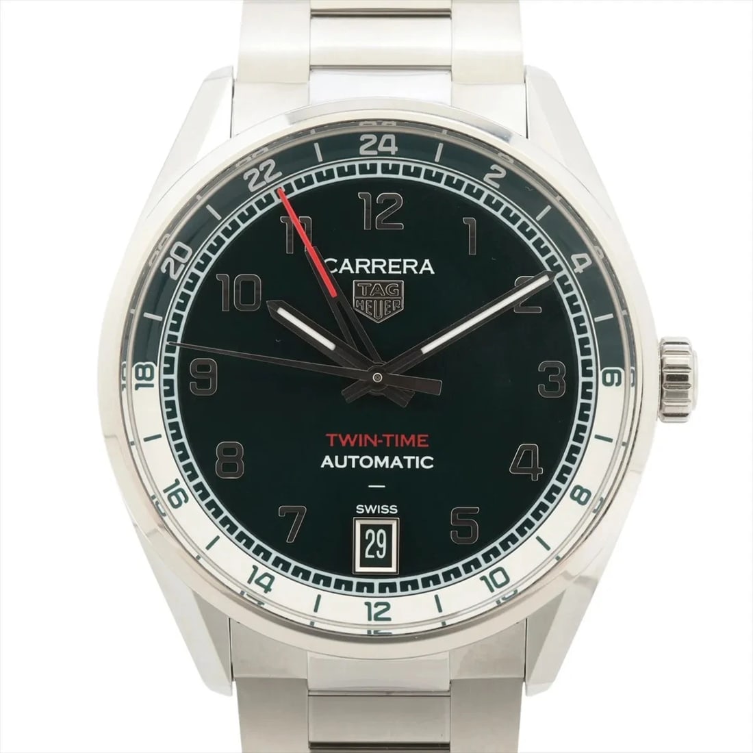 TAG HEUER CARRERA DATE TWIN TIME SS AT GREEN WATCH: Tag Heuer Carrera Date Twin Time Ss At Green Watch Brand: TAG Heuer Type/Style: Wristwatch Material: SS Color: Dial Color Green Size: Case:W1.6 x H1.6inch / W41 x H41 Circumference of Wrist:7.7inch / 