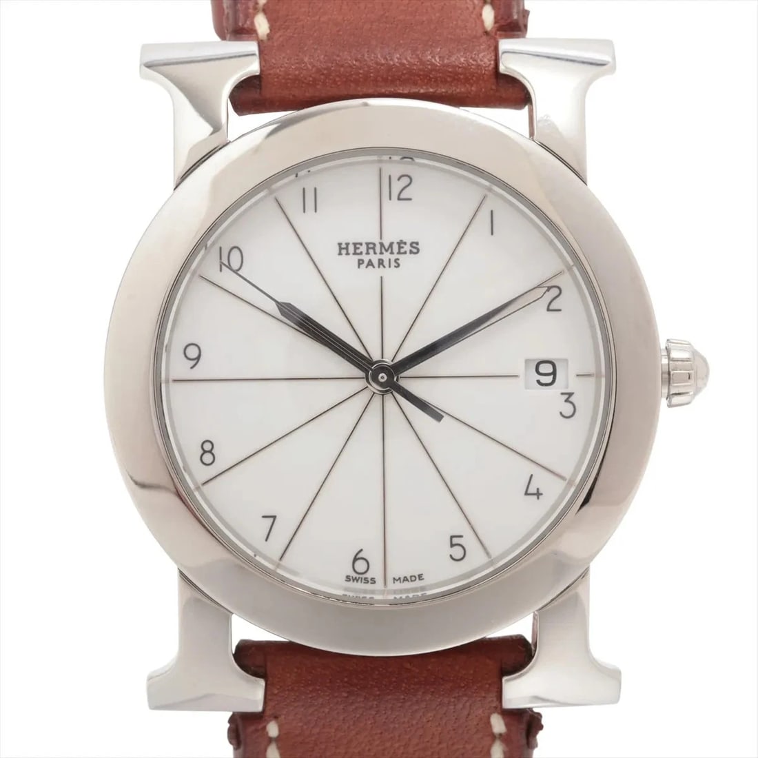 HERMES H WATCH RONDO SS & LEATHER QZ WHITE DIAL WATCH: Hermes H Watch Rondo Ss & Leather Qz White Dial Watch Brand: Hermes Type/Style: Wristwatch Material: SS & Leather Color: Dial Color White Size: Case:W1.2 x H1.2inch / W31 x H31 Circumference of