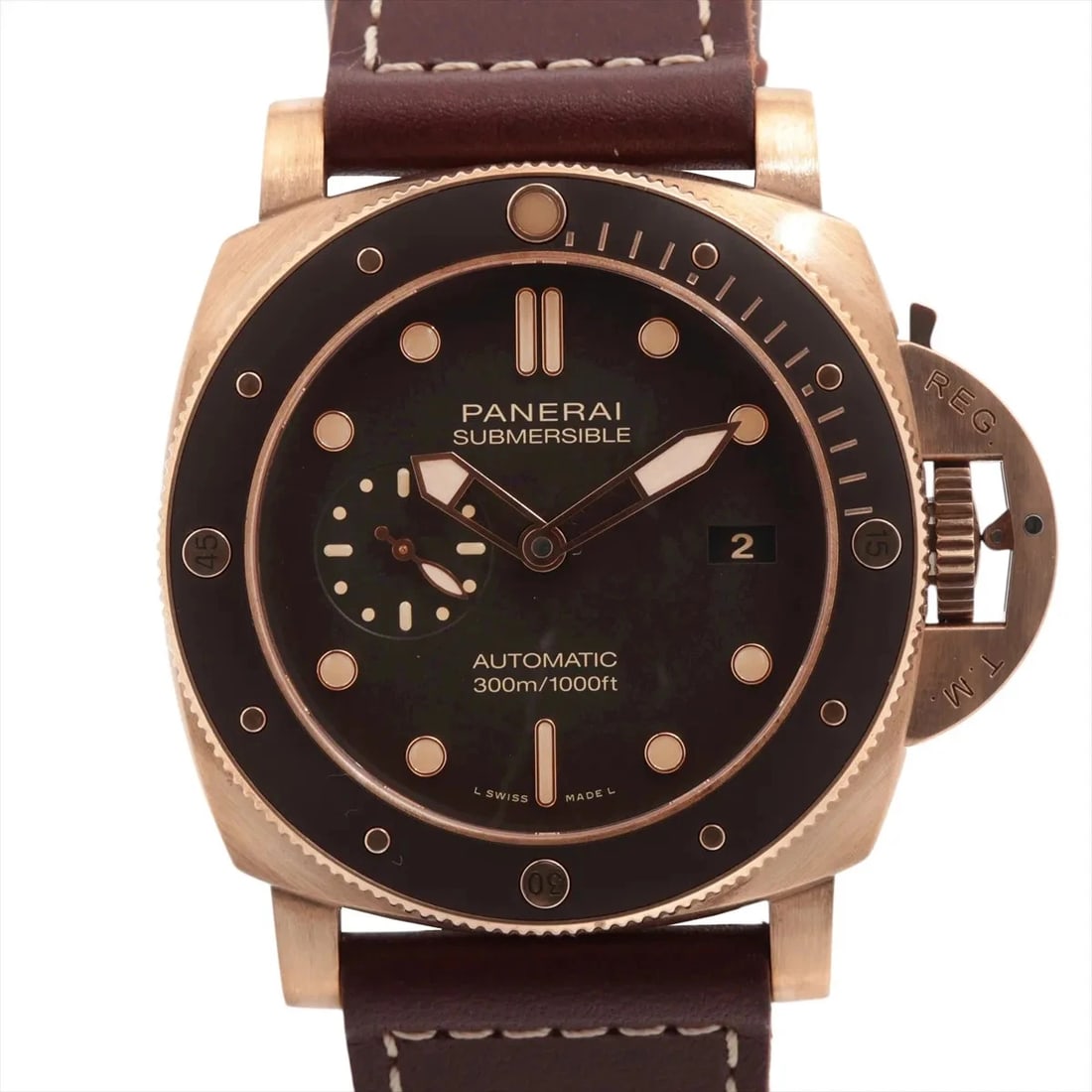 PANERAI SUBMERSIBLE TI X BRONZE BRONZE X LEATHER AT BROWN WATCH: Panerai Submersible Ti X Bronze Bronze X Leather At Brown Watch Brand: Panerai Type/Style: Wristwatch Material: TI x bronze x leather Color: Dial Color Brown Size: Case:W1.6 x H1.6inch / W47 x H47 Cir