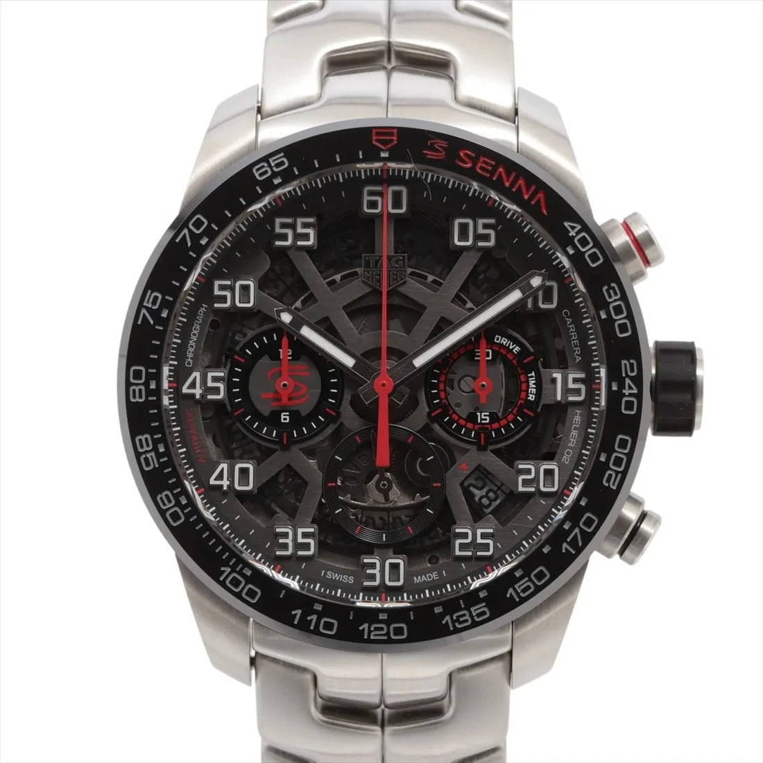 TAG HEUER CARRERA CALIBRE HEUER CHRONOGRAPH AYRTON SENNA WATCH: Tag Heuer Carrera Calibre Heuer Chronograph Ayrton Senna Watch Brand: TAG Heuer Type/Style: Wristwatch Material: SS Color: Dial Color Skeleton Size: Case:W1.6 x H1.6inch / W43 x H43 Circumference of W