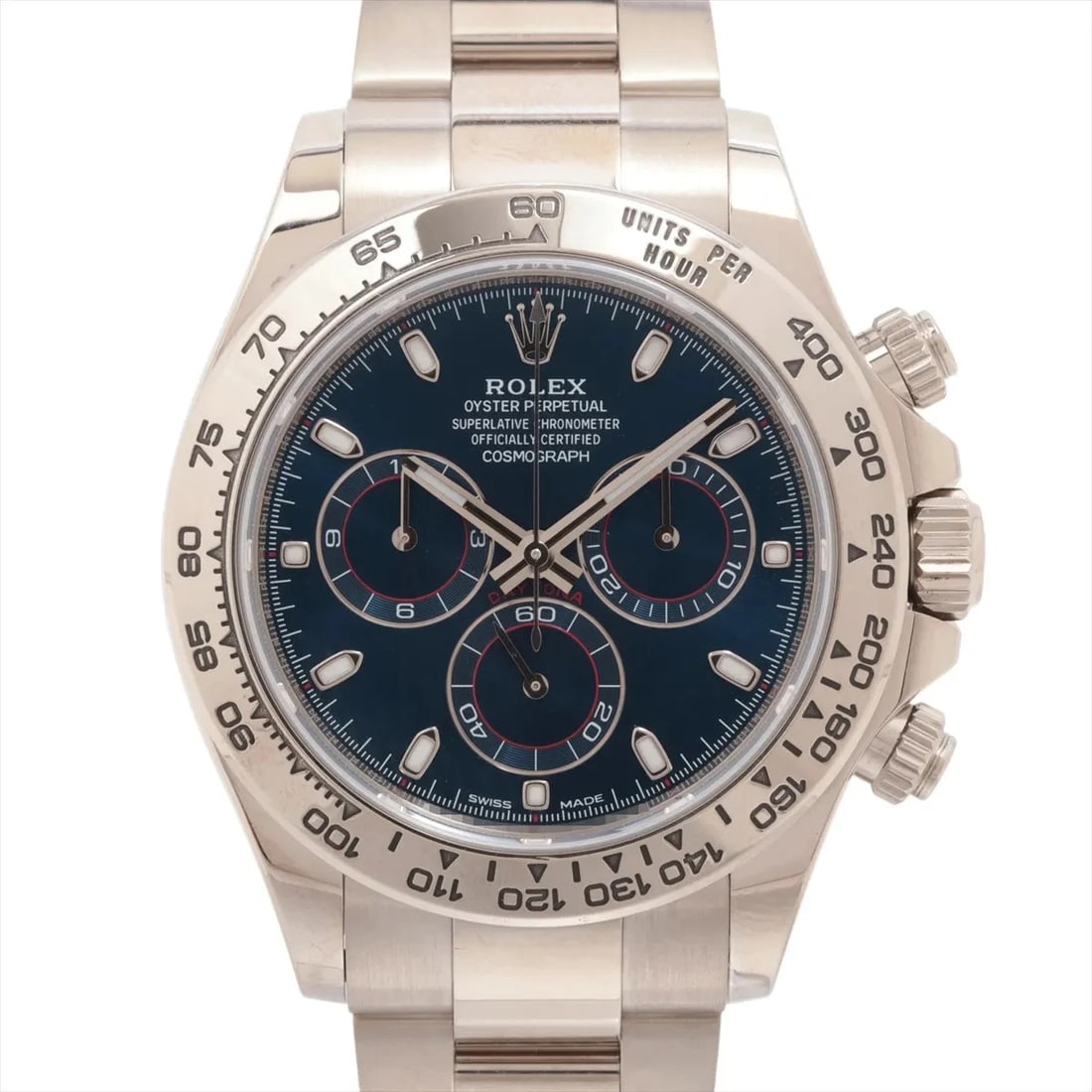 ROLEX COSMOGRAPH DAYTONA WG AT BLUE DIAL WATCH: Rolex Cosmograph Daytona Wg At Blue Dial Watch Brand: Rolex Type/Style: Wristwatch Material: WG Color: Dial Color Blue Size: Case:W1.6 x H1.6inch / W40 x H40 Circumference of Wrist:7.1inch / 18 Ac