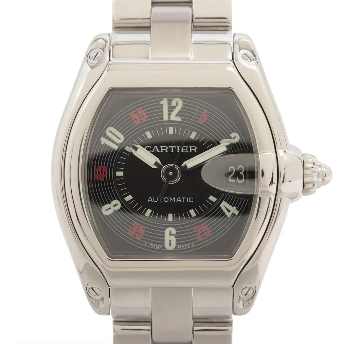 CARTIER ROADSTER SS AT BLACK DIAL WATCH: Cartier Roadster Ss At Black Dial Watch Brand: Cartier Type/Style: Wristwatch Material: SS Color: Dial Color Black Size: Case:W1.2 x H1.6inch / W39 x H44 Circumference of Wrist:8.3inch / 21 Access