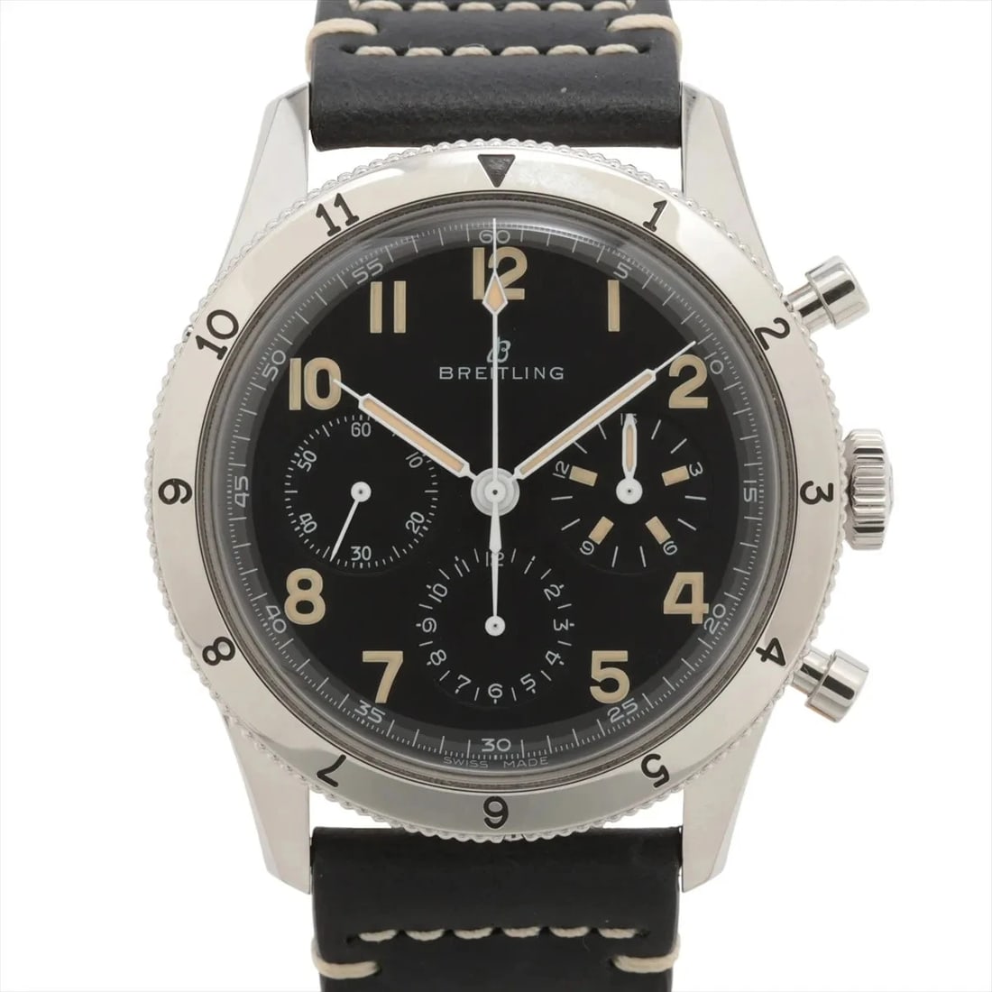 BREITLING CLASSIC RE EDITIONS SS & LEATHE WATCH: Breitling Classic Re Editions Ss & Leathe Watch Brand: Breitling Type/Style: Wristwatch Material: SS & Leather Color: Dial Color Black Size: Case:W1.6 x H1.6inch / W41 x H41 Circumference of Wrist:7.3