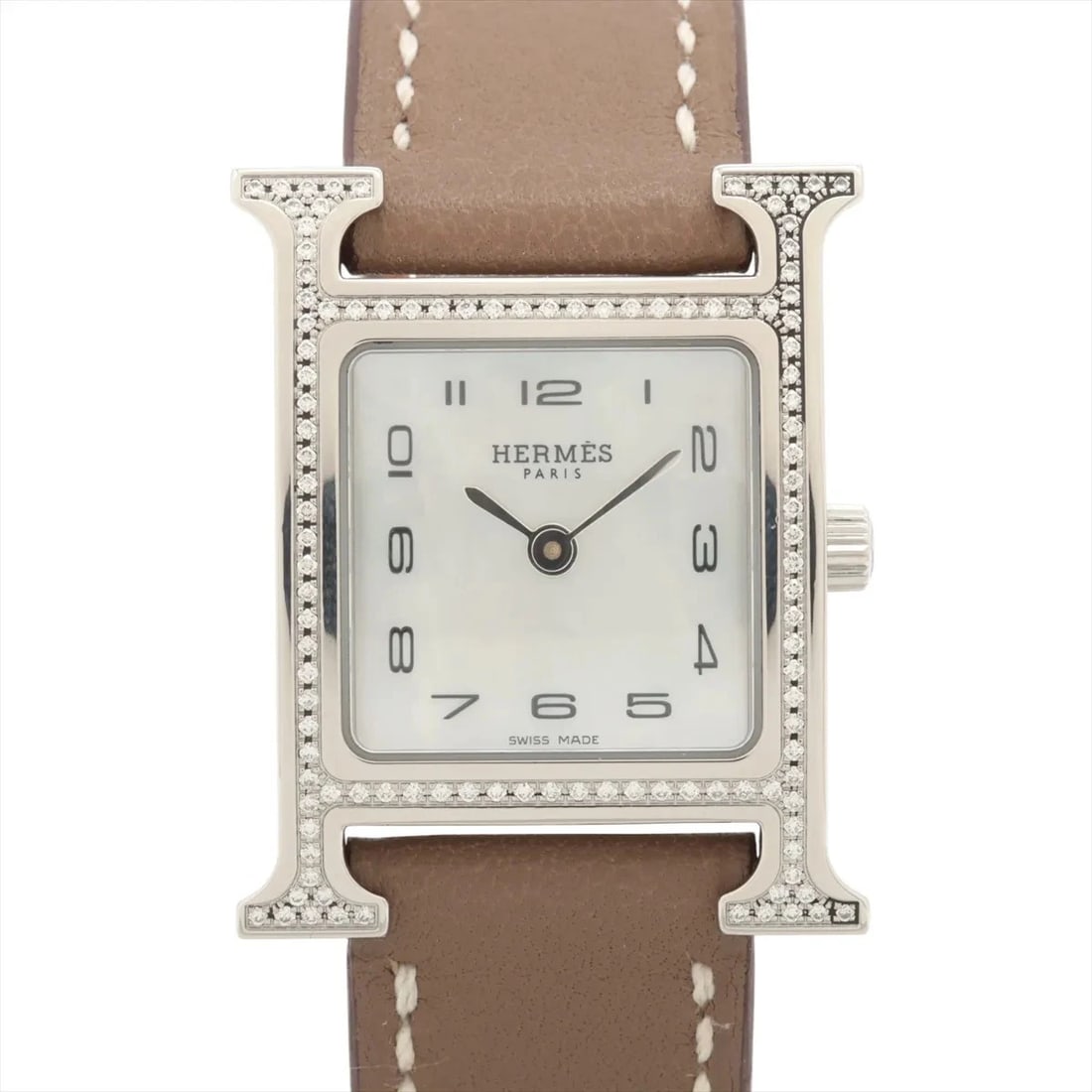 HERMES H WATCH SS & LEATHER QZ WHITE SHELL DIAL WATCH: Hermes H Watch Ss & Leather Qz White Shell Dial Watch Brand: Hermes Type/Style: Wristwatch Material: SS & Leather Color: Dial Color white shell Size: Case:W0.8 x H1.2inch / W21 x H30 Circumference of 