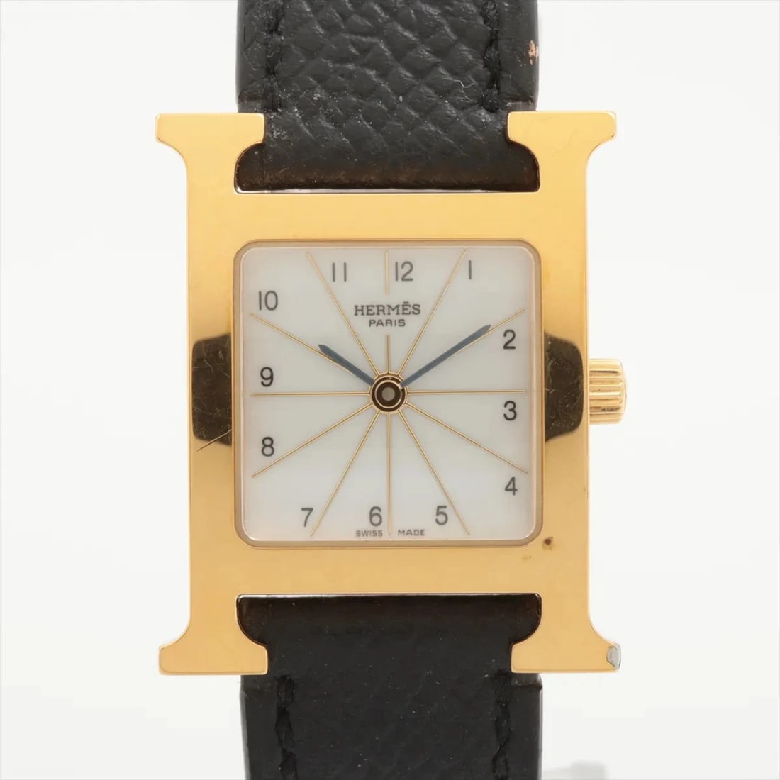 HERMES H WATCH GP & LEATHER QZ WHITE DIAL WATCH: Hermes H Watch Gp & Leather Qz White Dial Watch Brand: Hermes Type/Style: Wristwatch Material: GP & Leather Color: Dial Color White Size: Case:W0.8 x H1.2inch / W21 x H30 Circumference of Wrist:6.3inc