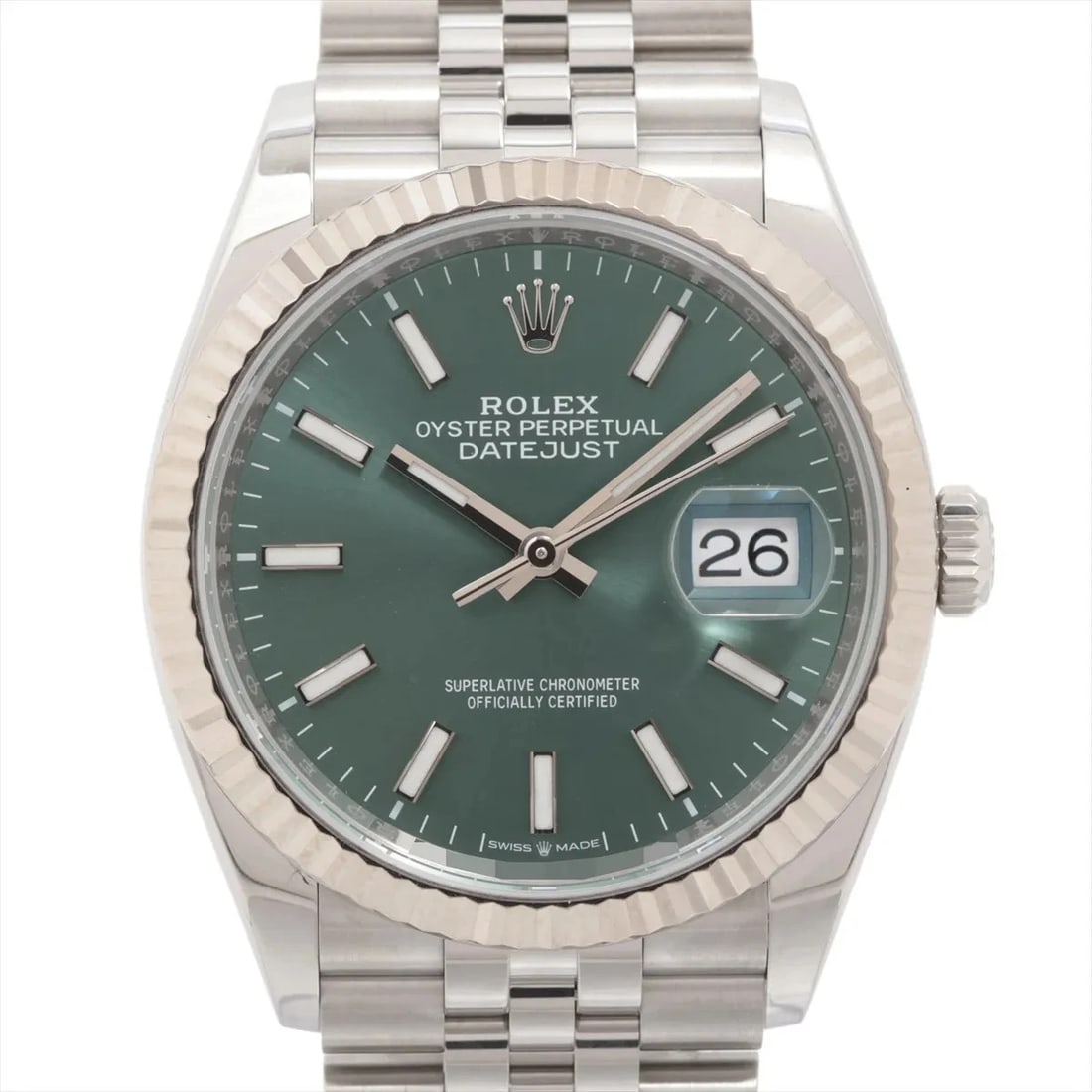 ROLEX DATEJUST 36 AT MINT GREEN DIAL WATCH: Rolex Datejust 36 At Mint Green Dial Watch Brand: Rolex Type/Style: Wristwatch Material: SS?WG Color: Dial Color mint green Size: Case:W1.2 x H1.2inch / W36 x H36 Circumference of Wrist:7.3inch / 18.5