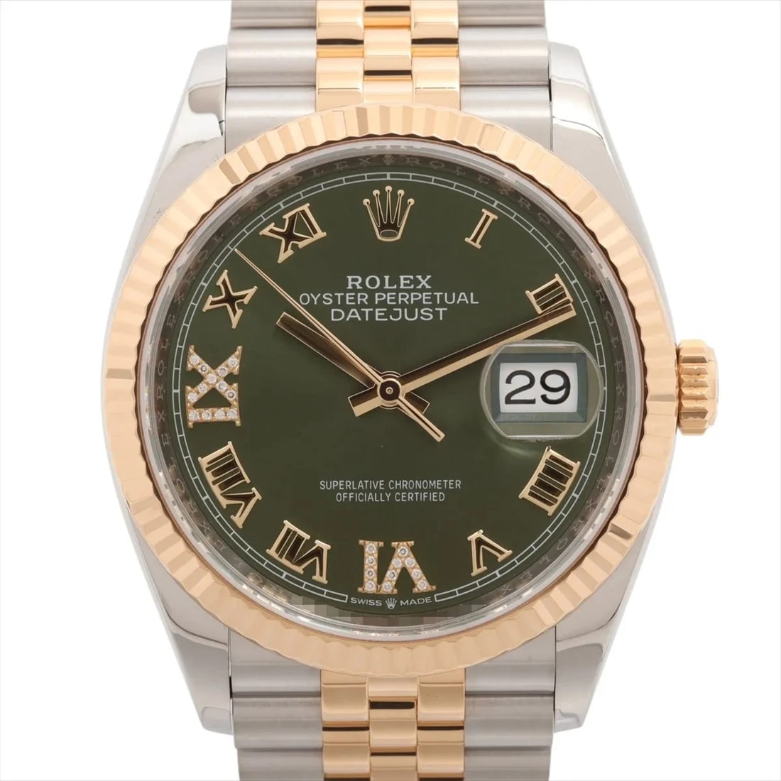 ROLEX DATEJUST 36 AT OLIVE GREEN DIAL WATCH: Rolex Datejust 36 At Olive Green Dial Watch Brand: Rolex Type/Style: Wristwatch Material: SS?YG Color: Dial Color Olive Green Size: Case:W1.2 x H1.2inch / W36 x H36 Circumference of Wrist:6.3inch / 16