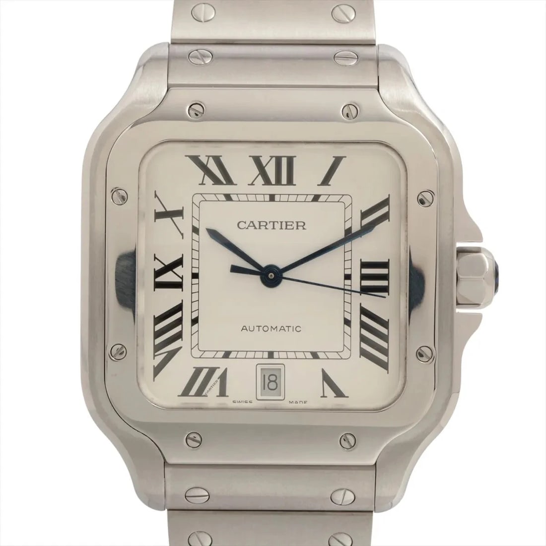 CARTIER SANTOS DOO CARTIER LM SS AT SILVER WATCH: Cartier Santos Doo Cartier Lm Ss At Silver Watch Brand: Cartier Type/Style: Wristwatch Material: SS Color: Dial Color Silver Size: Case:W1.2 x H1.2inch / W39.8 x H39.8 Circumference of Wrist:7.5inch /