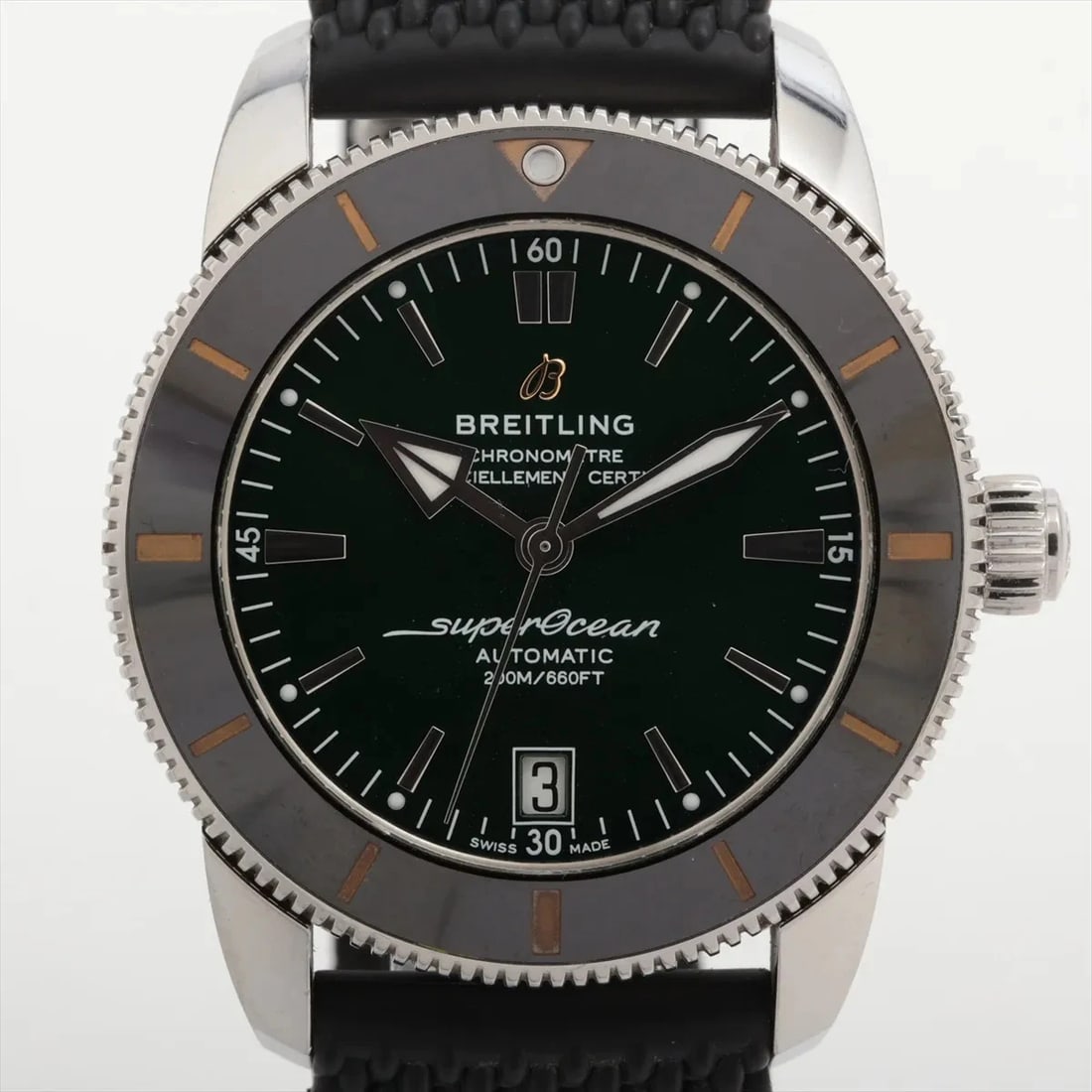 BREITLING SUPEROCEAN SS & RUBBER QZ GREEN WATCH: Breitling Superocean Ss & Rubber Qz Green Watch Brand: Breitling Type/Style: Wristwatch Material: SS & Rubber Color: Dial Color Green Size: Case:W1.6 x H1.6inch / W42 x H42 Circumference of Wrist:7.5i