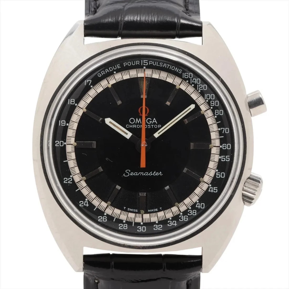 OMEGA SEAMASTER CHRONOSTOP SS & EXTERNALLY LEATHER WATCH: Omega Seamaster Chronostop Ss & Externally Leather Watch Brand: Omega Type/Style: Wristwatch Material: SS & externally manufactured leather Color: Dial Color Black Size: Case:W1.6 x H1.6inch / W41 x H