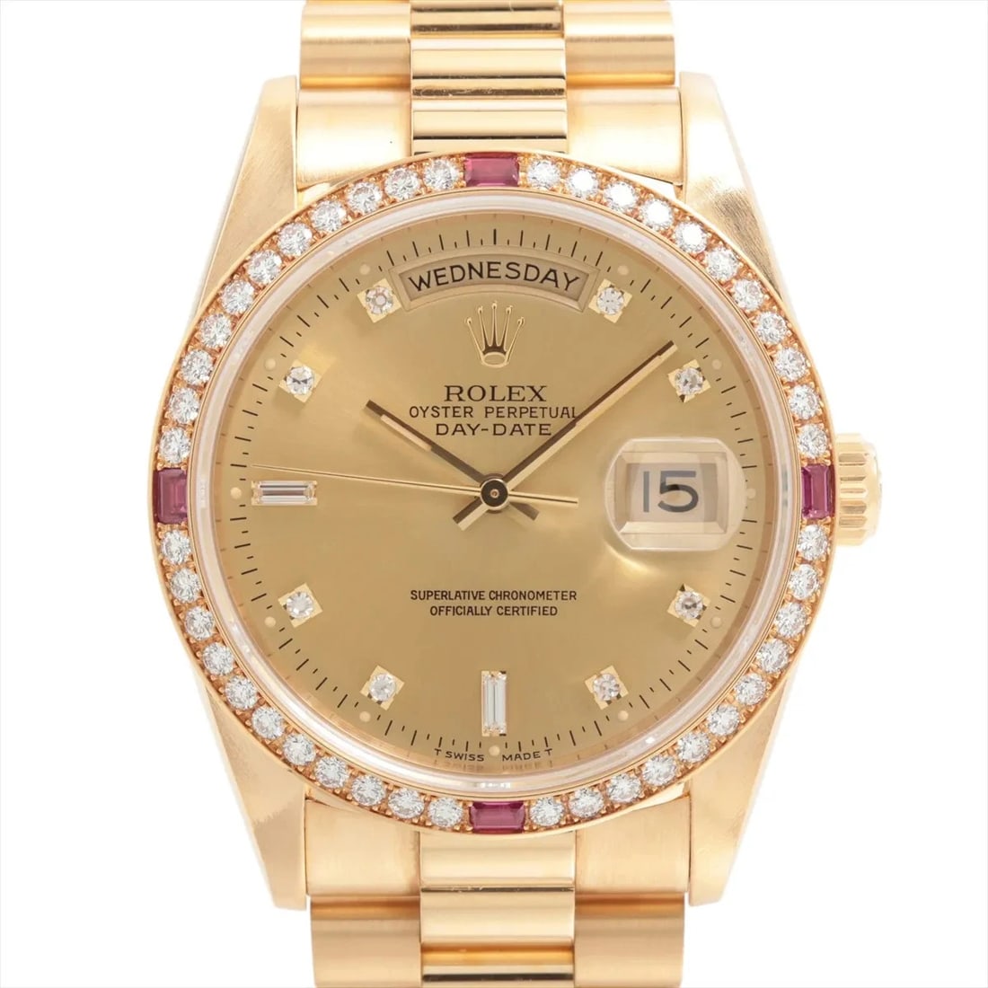 ROLEX DAY-DATE YG AT CHAMPAGNE WATCH: Rolex Day-Date Yg At Champagne Watch Brand: Rolex Type/Style: Wristwatch Material: YG Color: Dial Color Champagne Size: Case:W1.2 x H1.2inch / W36 x H36 Circumference of Wrist:6.7inch / 17