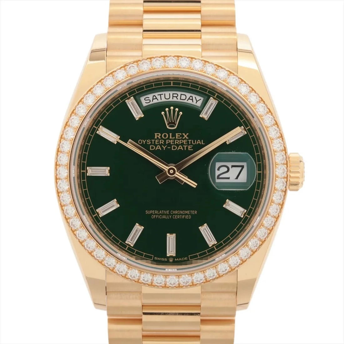 ROLEX DAY DATE 36 YG AT GREEN WATCH: Rolex Day Date 36 Yg At Green Watch Brand: Rolex Type/Style: Wristwatch Material: YG Color: Dial Color Green Size: Case:W1.2 x H1.2inch / W36 x H36 Circumference of Wrist:7.1inch / 18 Accessories: