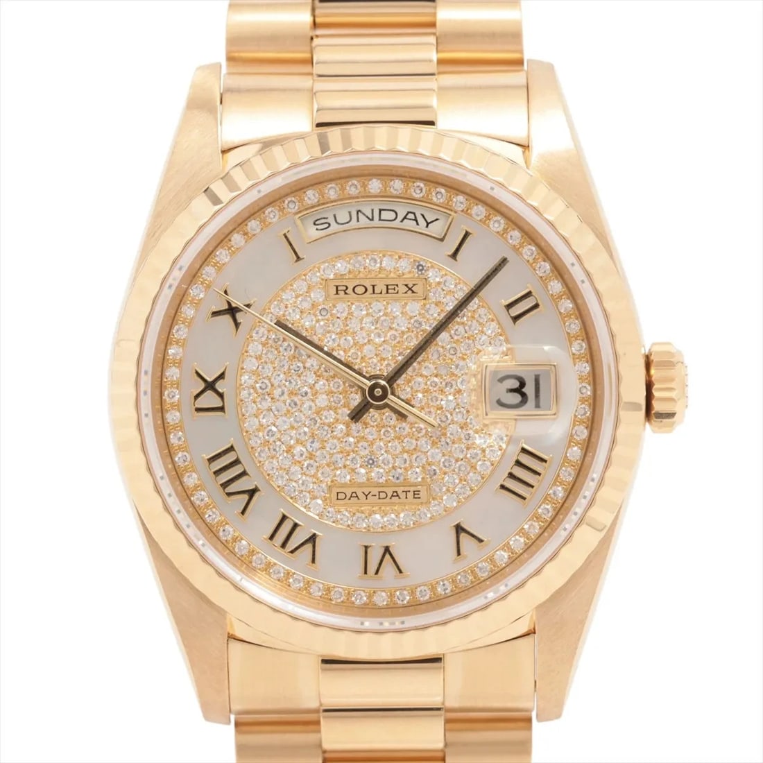 ROLEX DAY-DATE YG AT DIAMOND DIAL WATCH: Rolex Day-Date Yg At Diamond Dial Watch Brand: Rolex Type/Style: Wristwatch Material: YG Color: Dial Color Pave Nones Size: Case:W1.2 x H1.2inch / W36 x H36 Circumference of Wrist:7.1inch / 18 Acc
