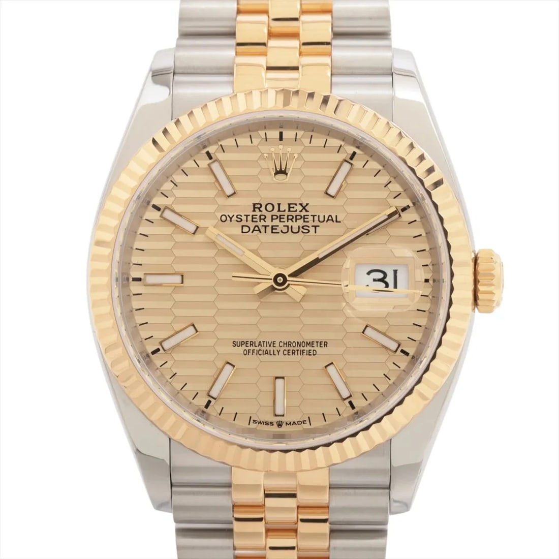 ROLEX DATEJUST 36 AT CHAMPAGNE WATCH: Rolex Datejust 36 At Champagne Watch Brand: Rolex Type/Style: Wristwatch Material: SS?YG Color: Dial Color champagne fluted Size: Case:W1.2 x H1.2inch / W36 x H36 Circumference of Wrist:7.3inch / 18.5