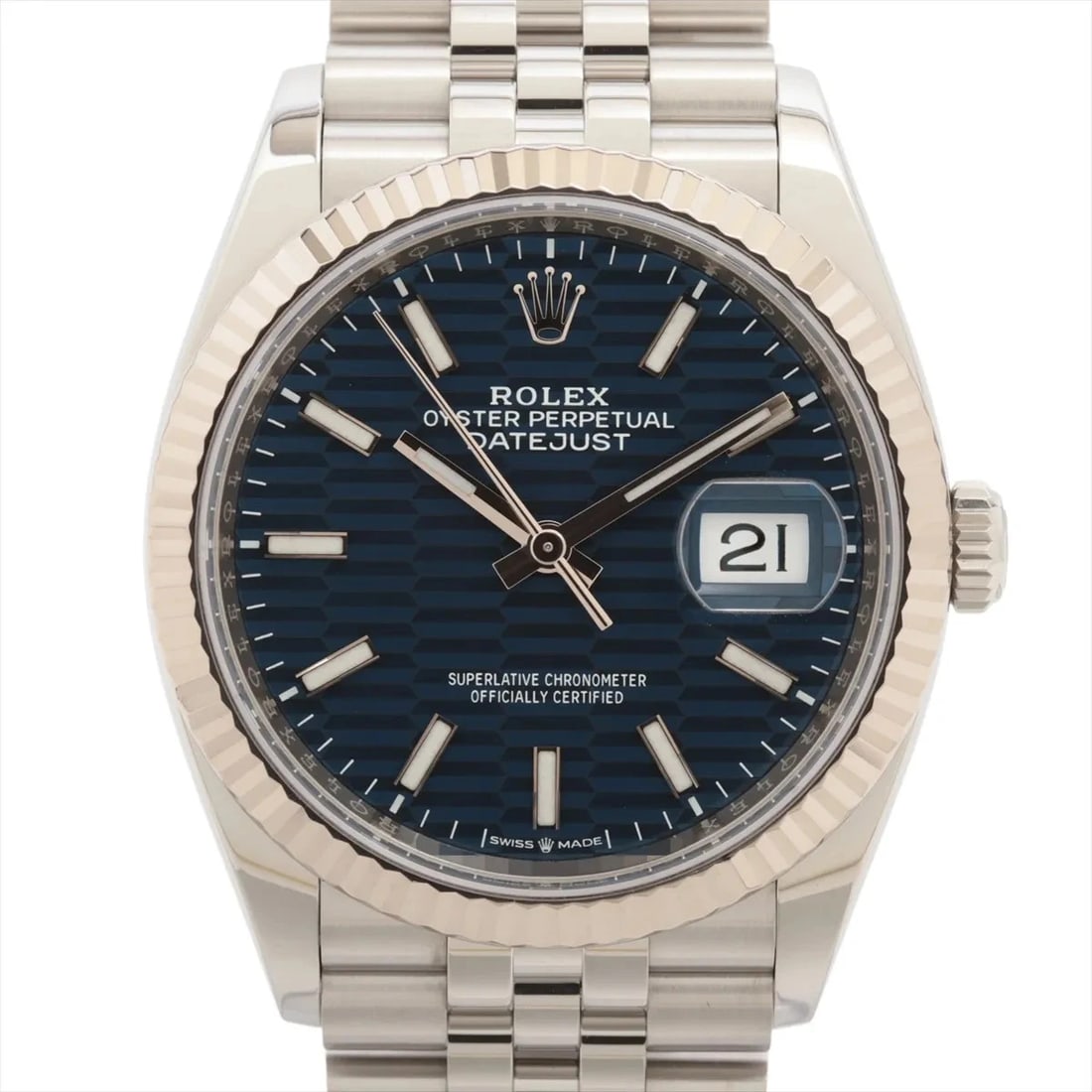 ROLEX DATEJUST 36 AT BLUE DIAL WATCH: Rolex Datejust 36 At Blue Dial Watch Brand: Rolex Type/Style: Wristwatch Material: SS?WG Color: Dial Color blue fluted Size: Case:W1.2 x H1.2inch / W36 x H36 Circumference of Wrist:7.3inch / 18.5
